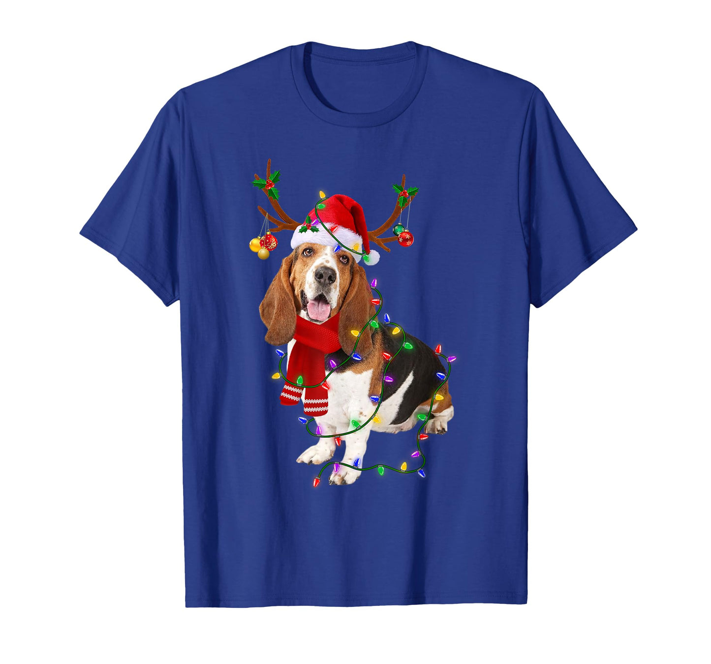 Funny Basset Hound Dog Tree Christmas Lights Xmas Pajama Men Women Kids T-Shirt