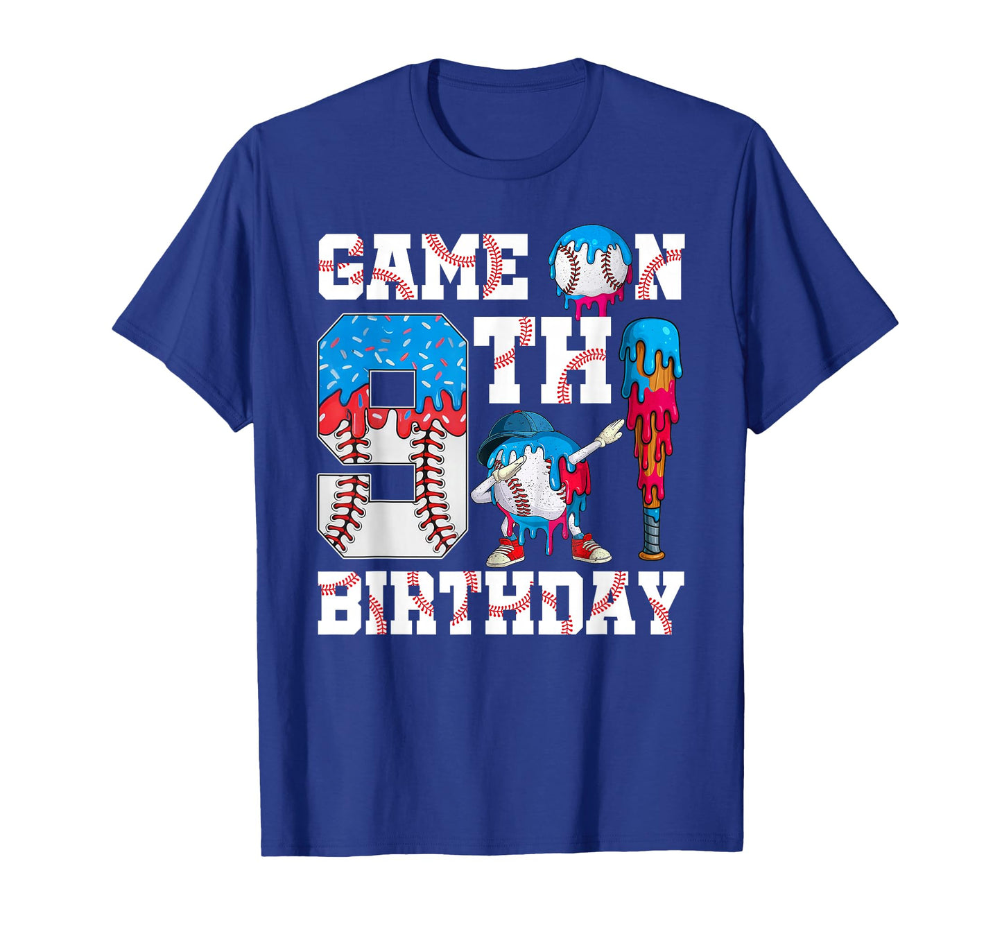 Game On I'm 9th Birthday Baseball Drip Ice Cream 9 Year Old T-Shirt