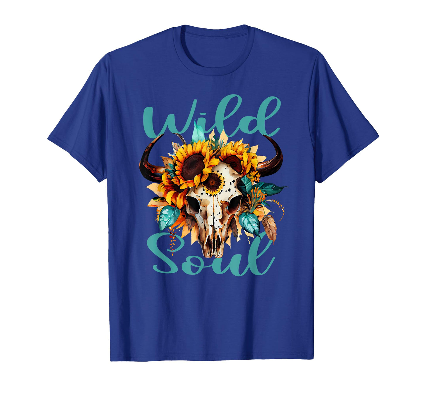 Wild Soul Women Vintage Western Sunflower Boho Cow Skull T-Shirt