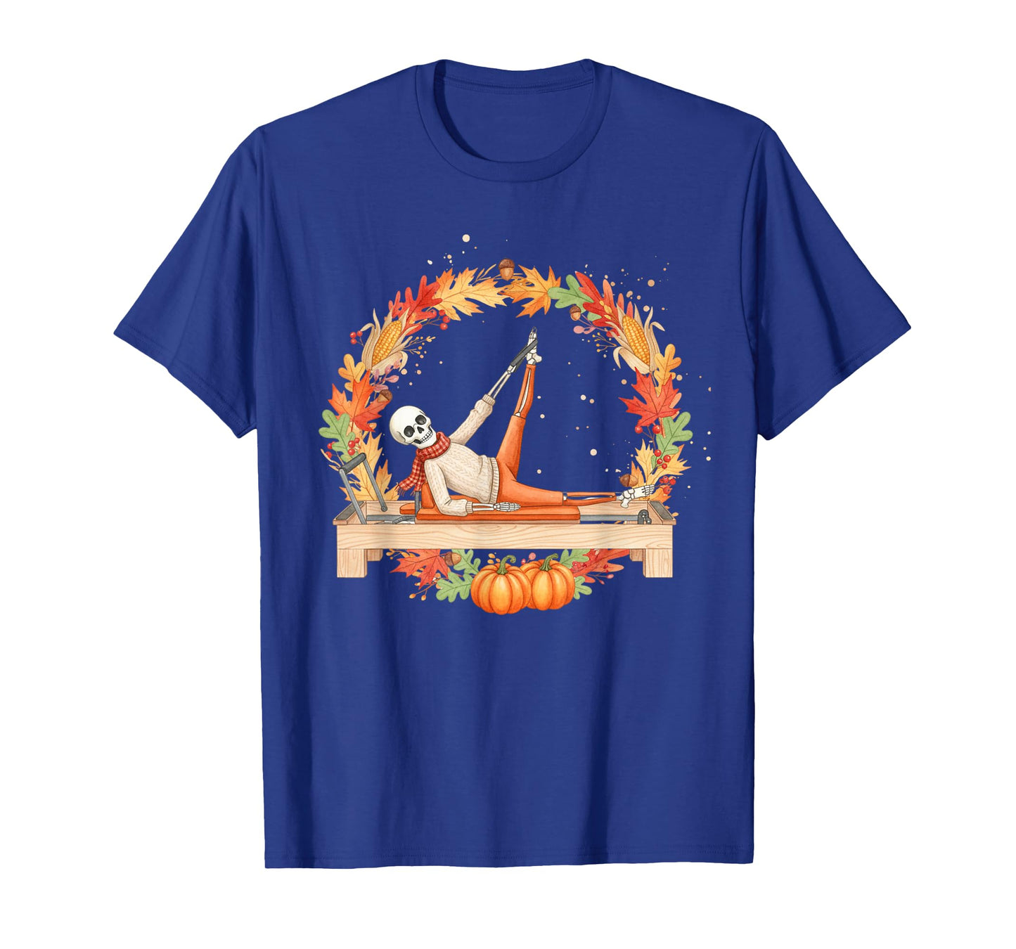 Skeleton Reformer Pilates Autumn Fall Leaves Wreath Pumpkins T-Shirt