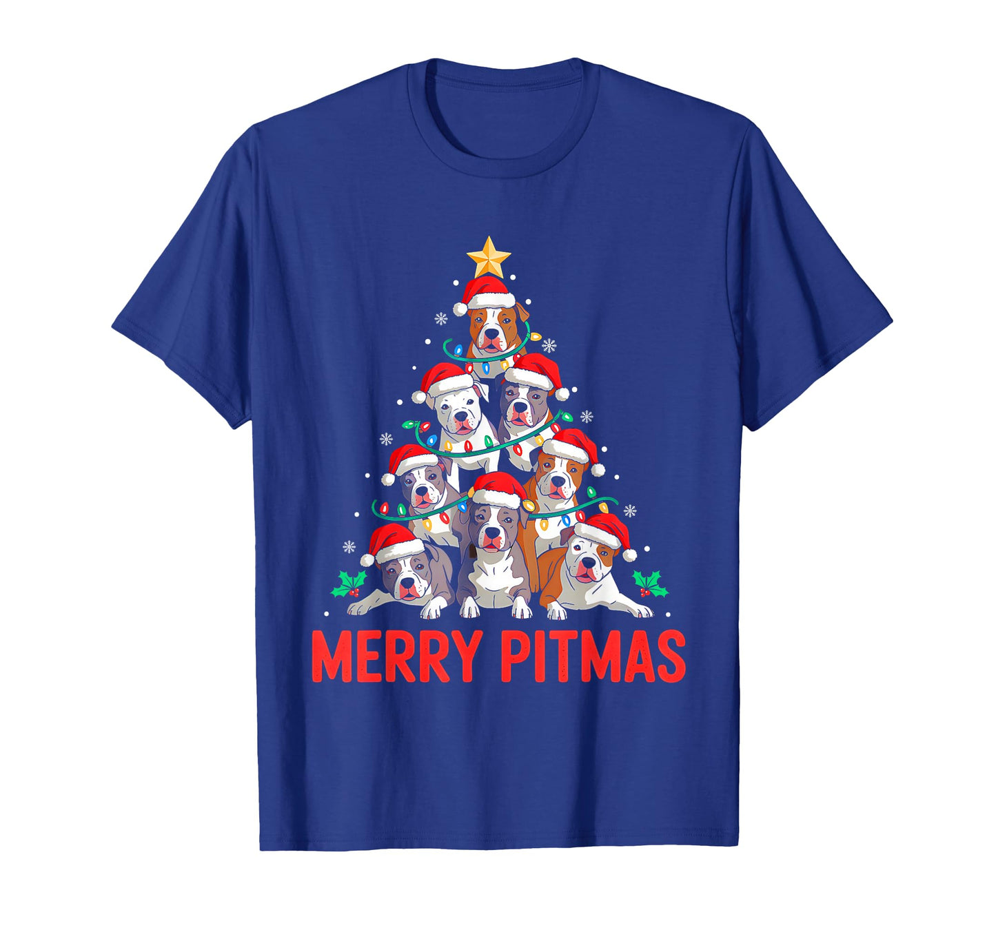 Pitbull Dog Tree Xmas Light Santa Hat Christmas Merry Pitmas T-Shirt