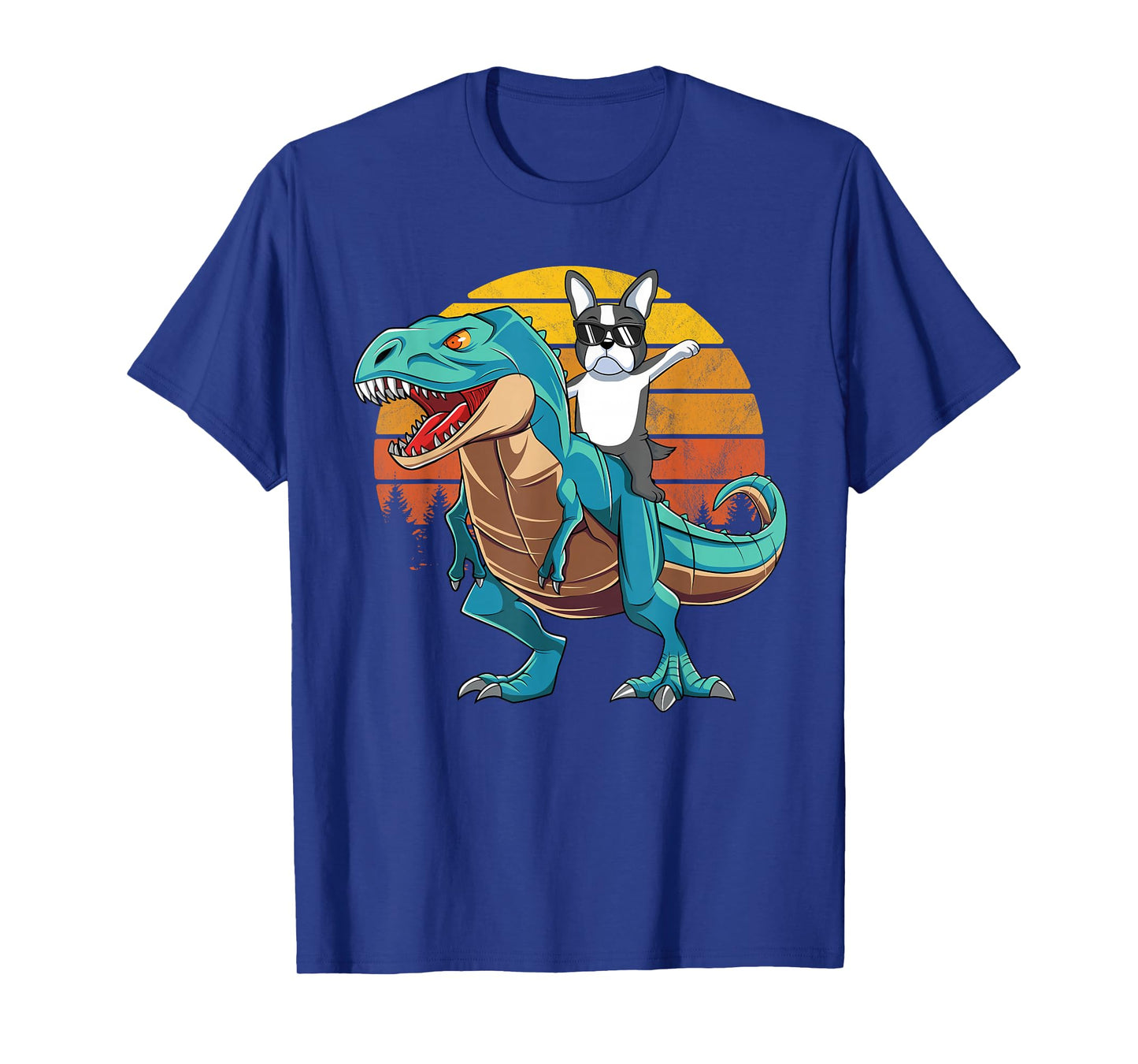 Boston Terrier Dog Riding Dinosaur T Rex Boys T-Shirt