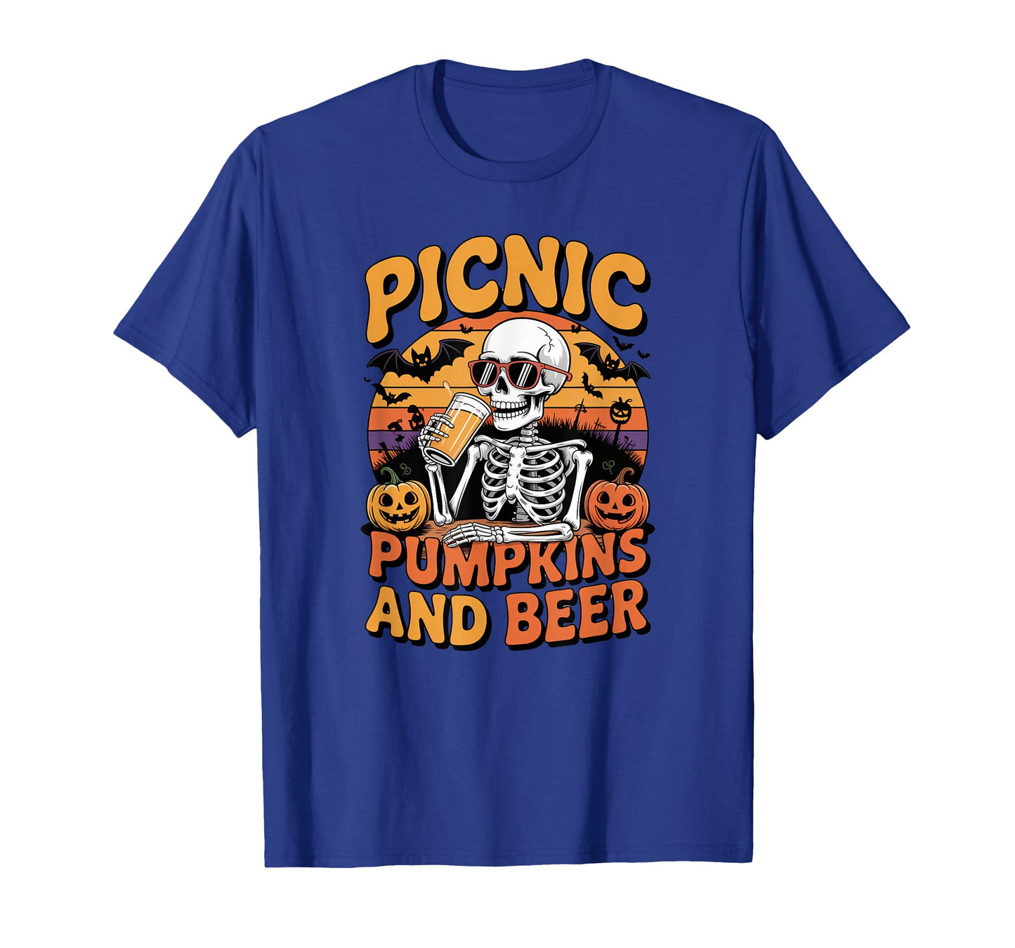 Halloween Tee Skeleton Picnic Pumpkins and Beer Retro T-Shirt