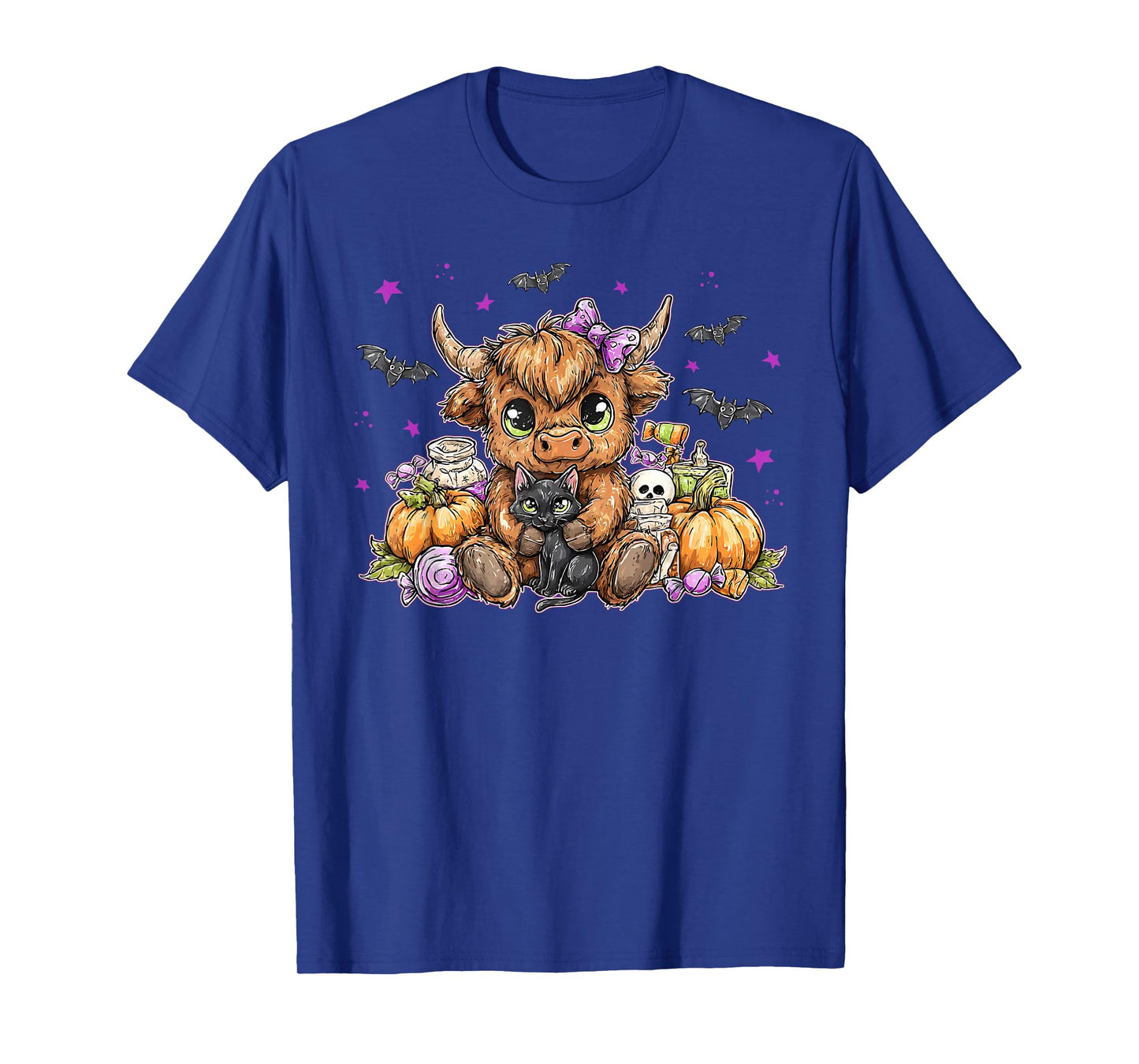 Retro Pumpkin Highland Cow Halloween Cow Lover Black Cat T-Shirt