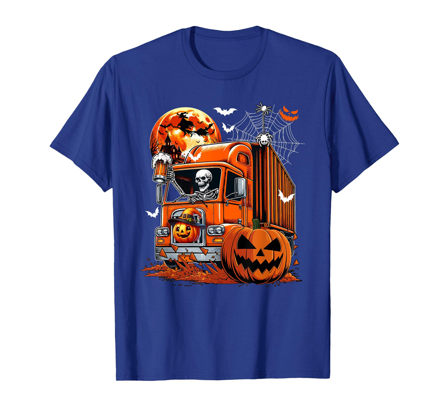 Skeleton Drinking Beer On Truck Halloween Pumpkins T-Shirt