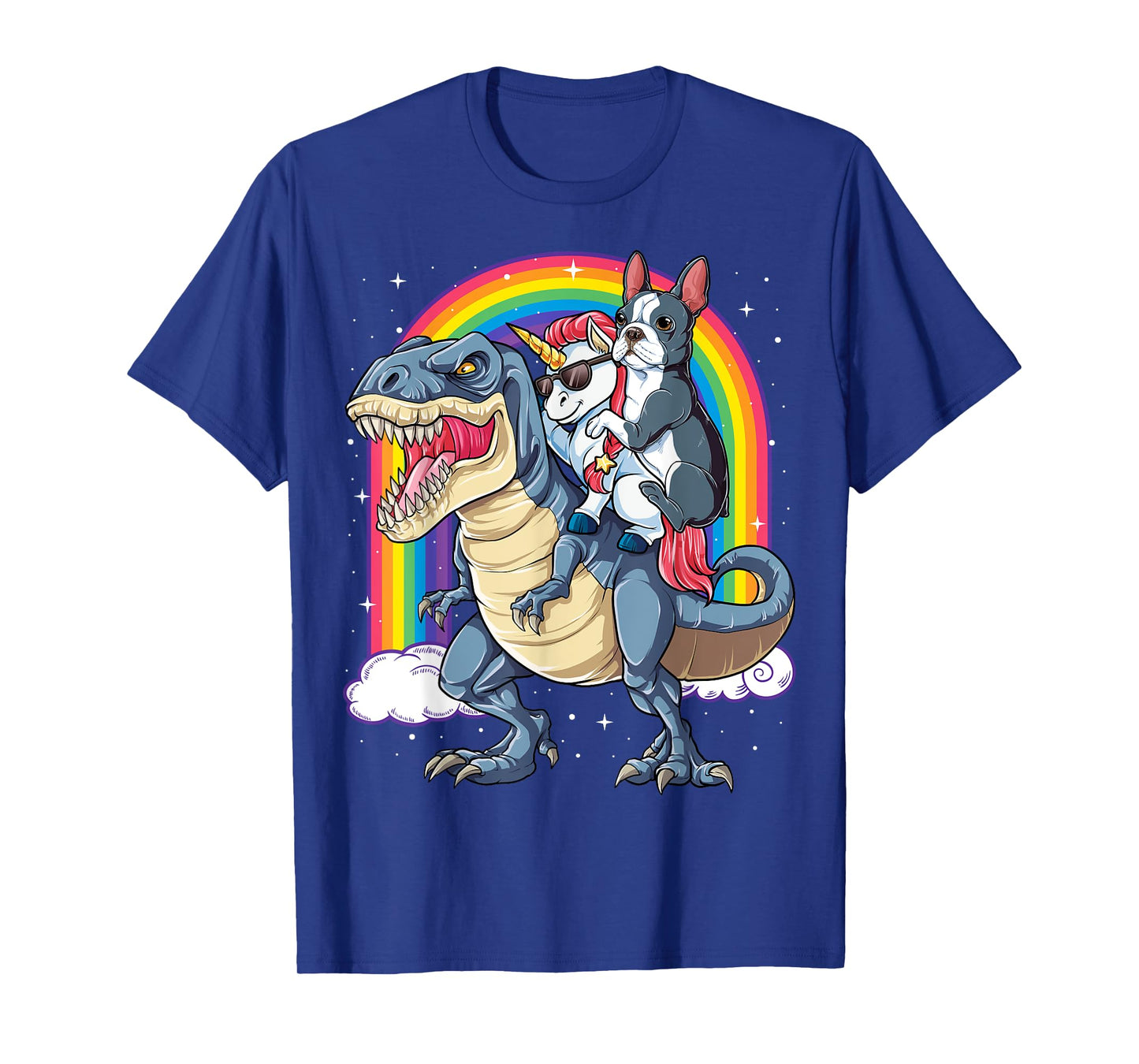 Boston Terrier Unicorn Riding Dinosaur T-rex Girls Rainbow T-Shirt