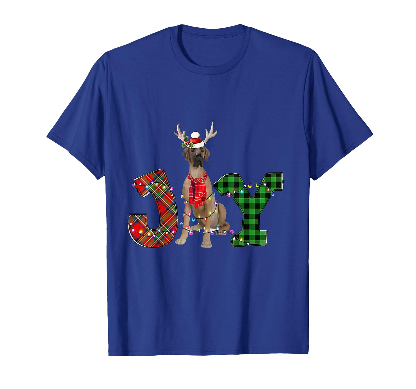 Joy Christmas Lights Fawn Great Dane Dog Santa Hat Pajama T-Shirt