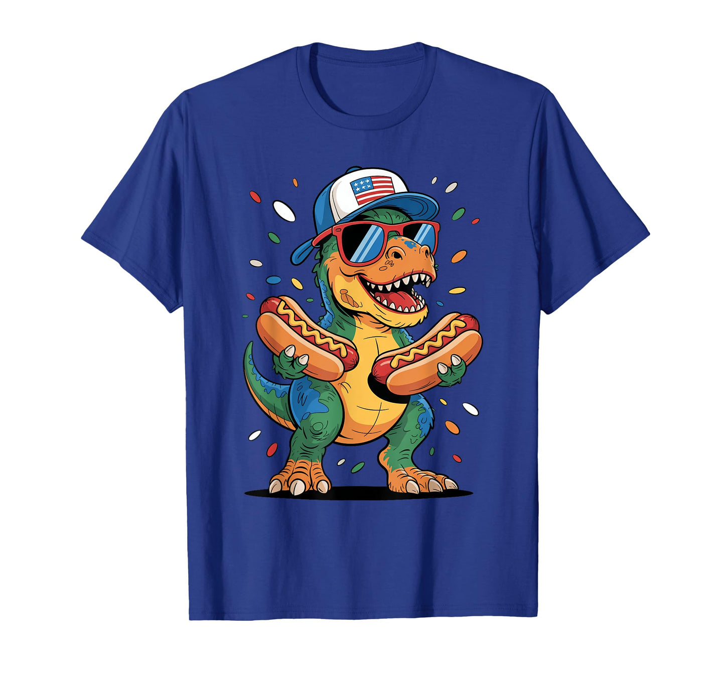 T Rex Dinosaur With Hotdogs USA Flag Sunglasses 4th of July T-Shirt