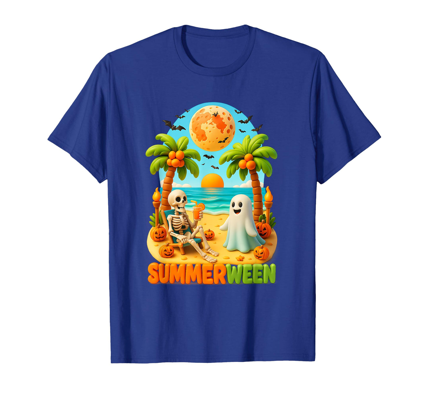 Summer-ween Skeleton Ghost Beach Palm Halloween Summer T-Shirt