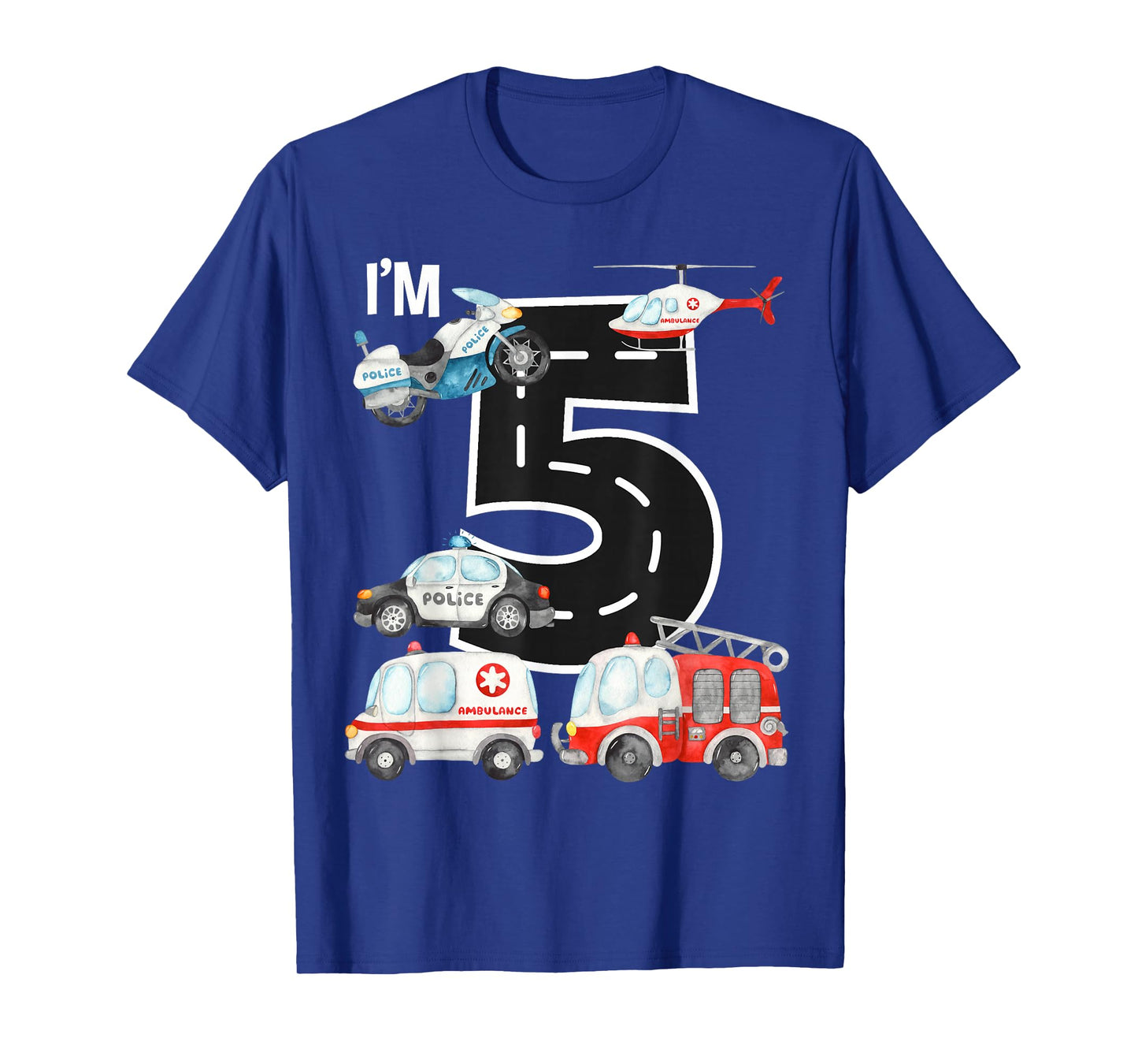 Emergency Vehicles 5th Birthday Fire Truck Police Car Boys T-Shirt