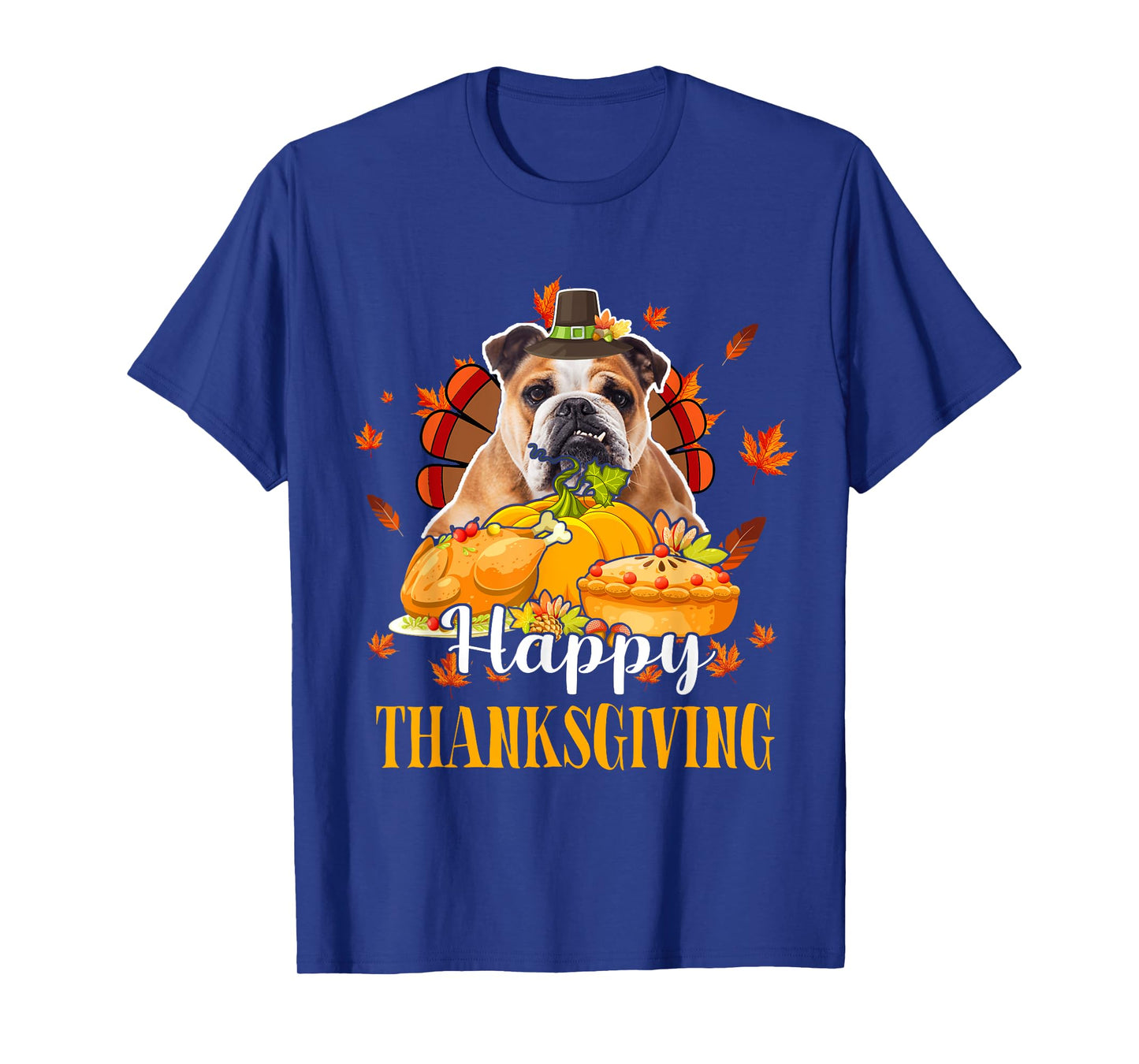 Happy Thanksgiving Turkey Bulldog Wearing Hat Fall Pumpkins T-Shirt