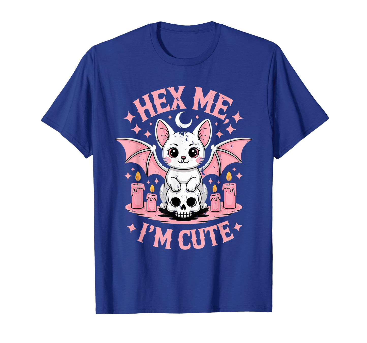 Kawaii Cat with Wings Skull Candles and Crescent Moon in Got T-Shirt
