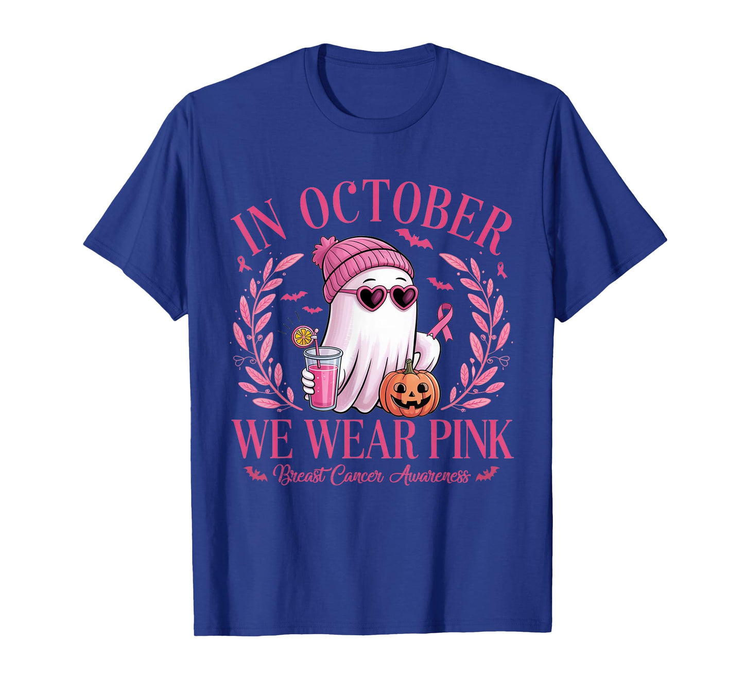 October We Wear Pink Ghost Breast Cancer Awareness Halloween T-Shirt