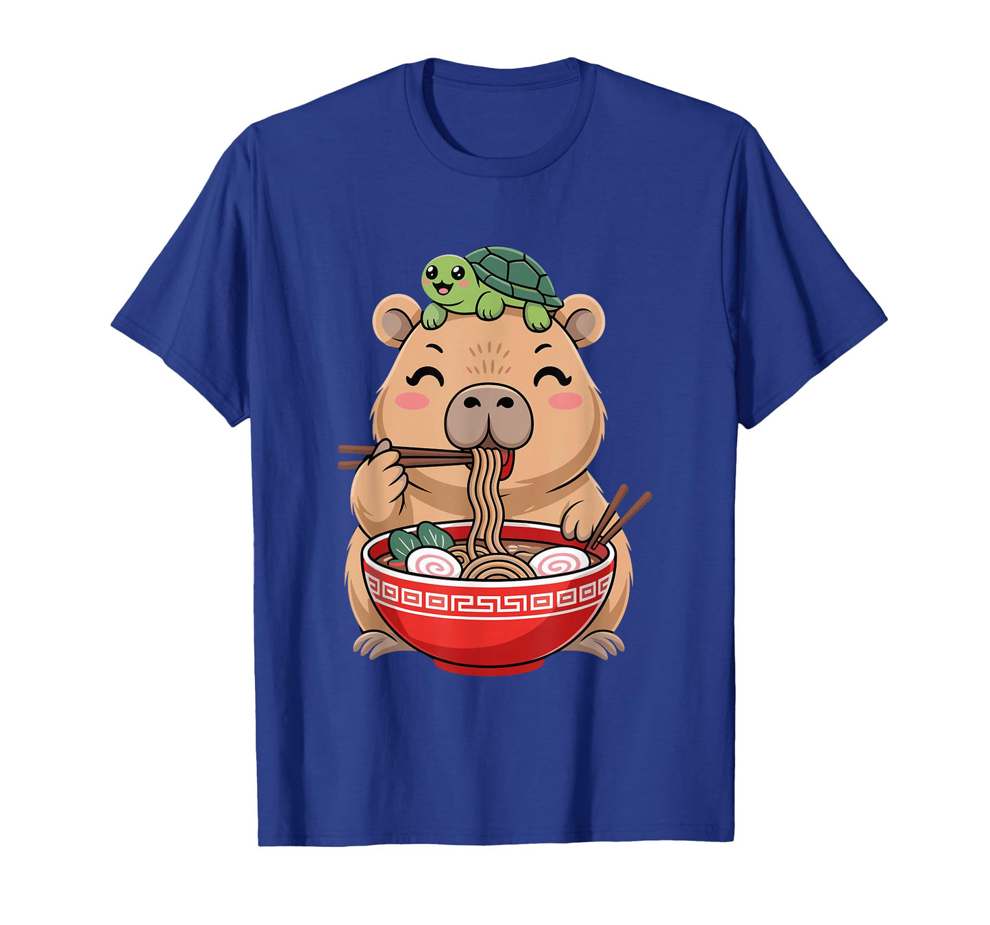 Cute Kawaii Capybara Eating Noodles with Turtle on Head T-Shirt