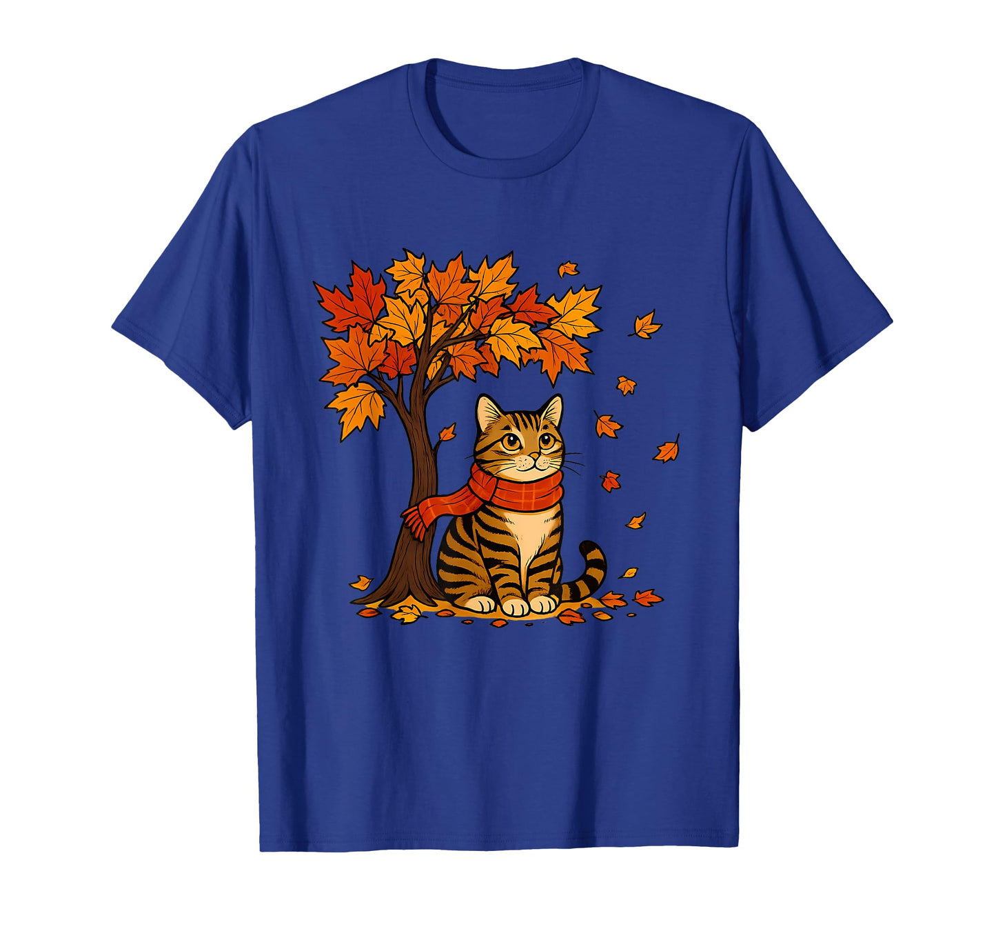 Autumn Cat Scarf Fall Vibes Falling Leave Tree Thanksgiving T-Shirt