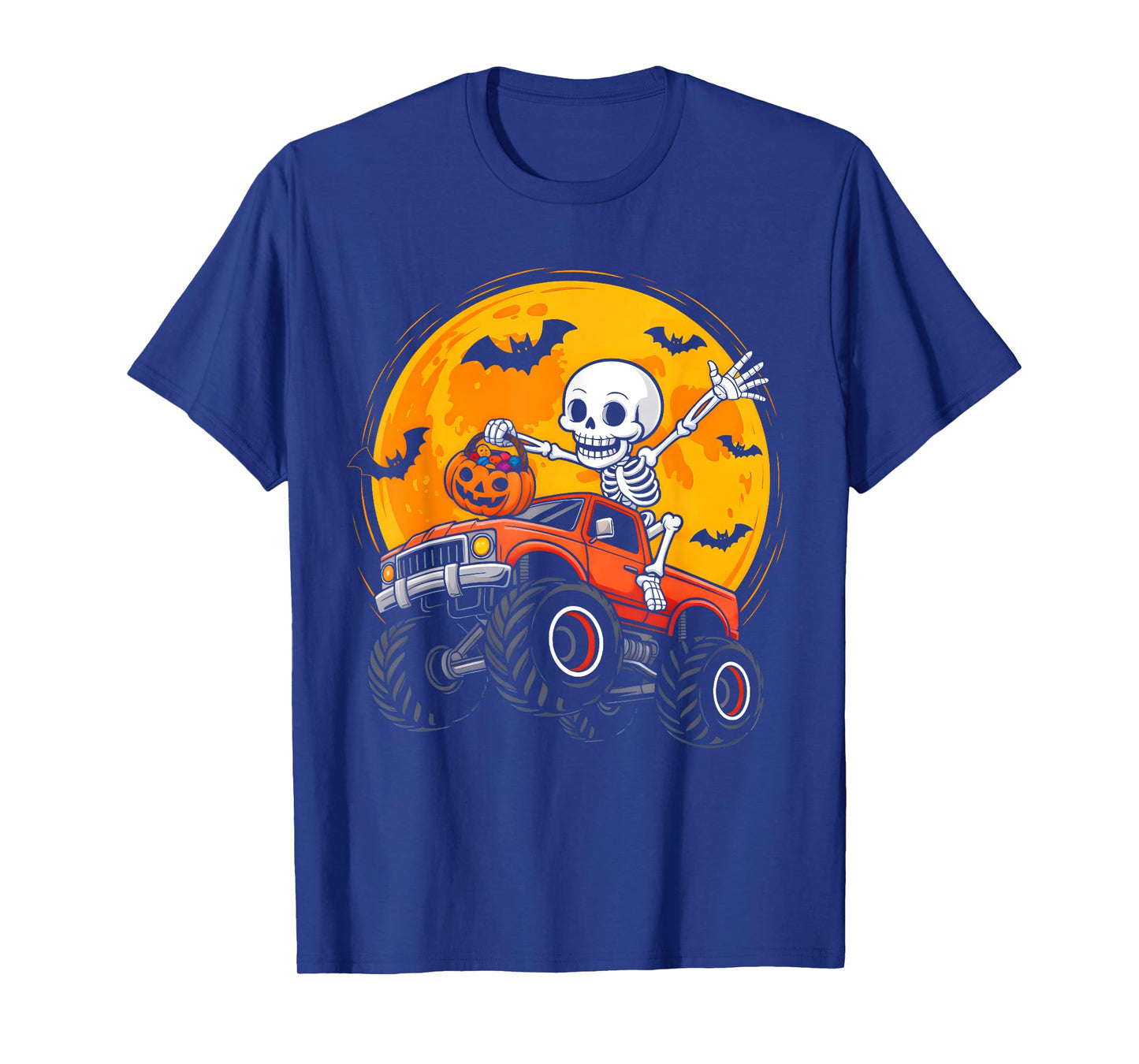 Skeleton Monster Truck Moon Pumpkin Halloween Boys Kids T-Shirt
