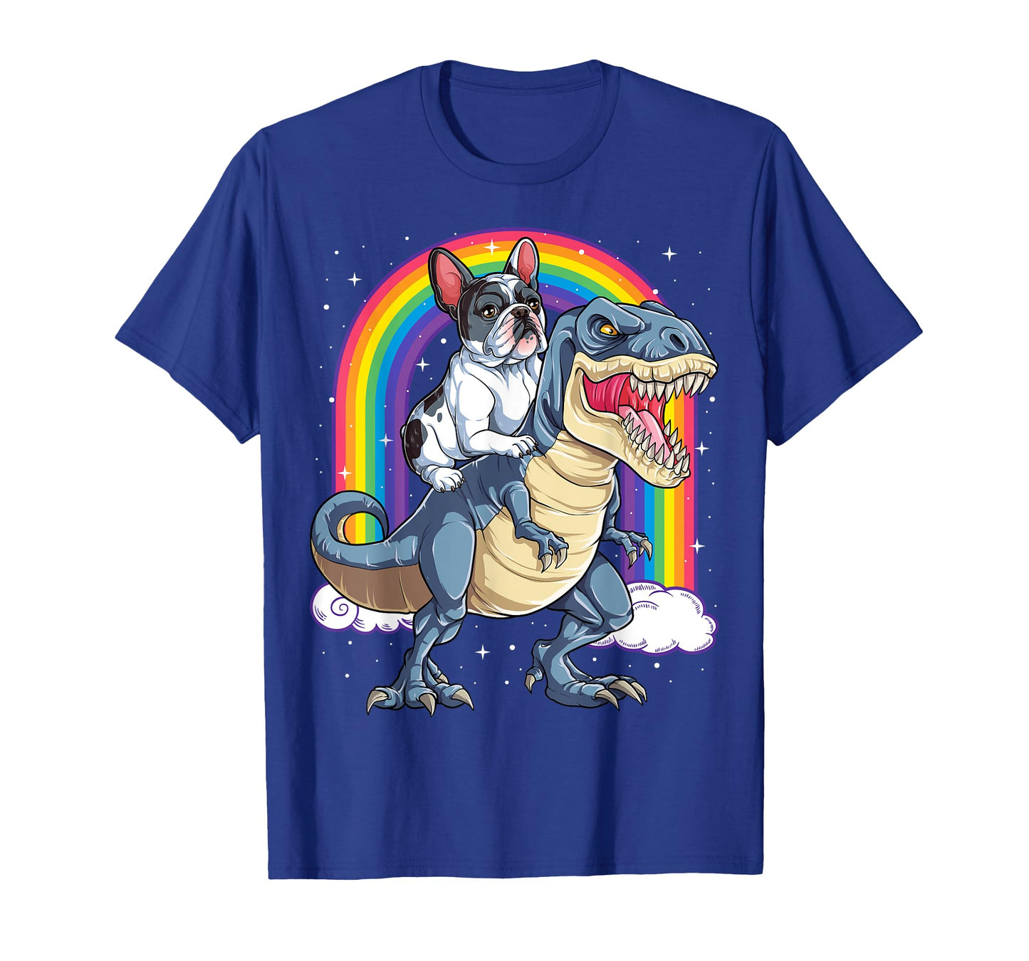 French Bulldog Riding Dinosaur T rex Gifts Boys Kids Rainbow T-Shirt