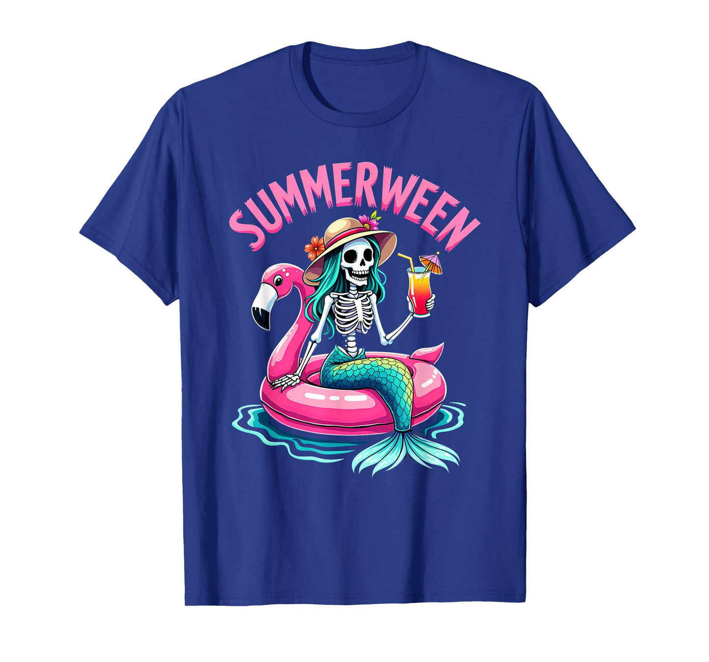 Summerween Mermaid Skeleton Beach Flamingo Halloween Girl T-Shirt
