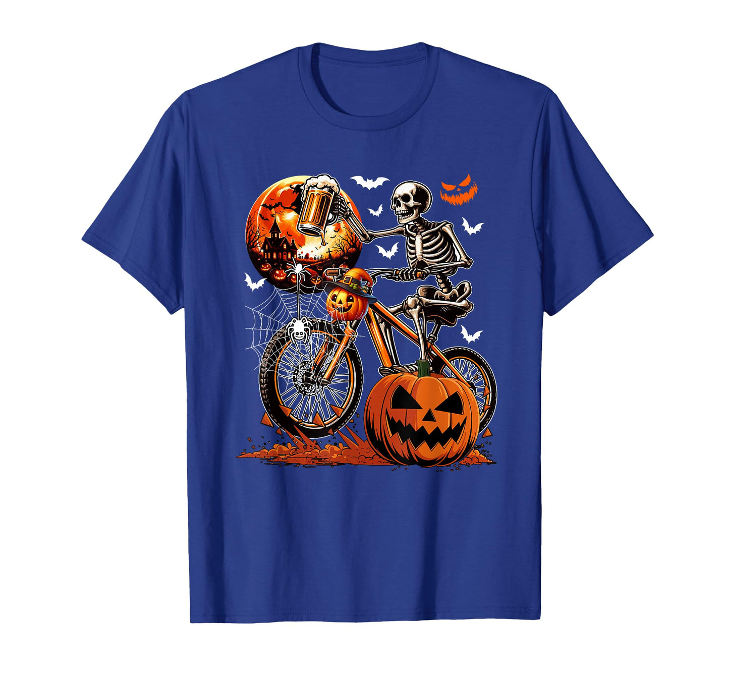 Skeleton Drinking Beer On Bicycle Halloween Carved Pumpkins T-Shirt