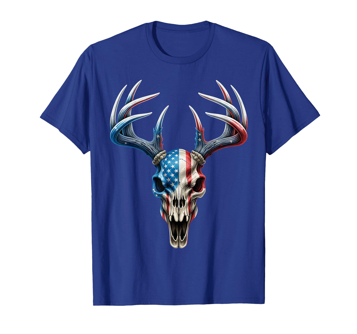 Whitetail Deer Hunting - American Flag on Buck Skull T-Shirt