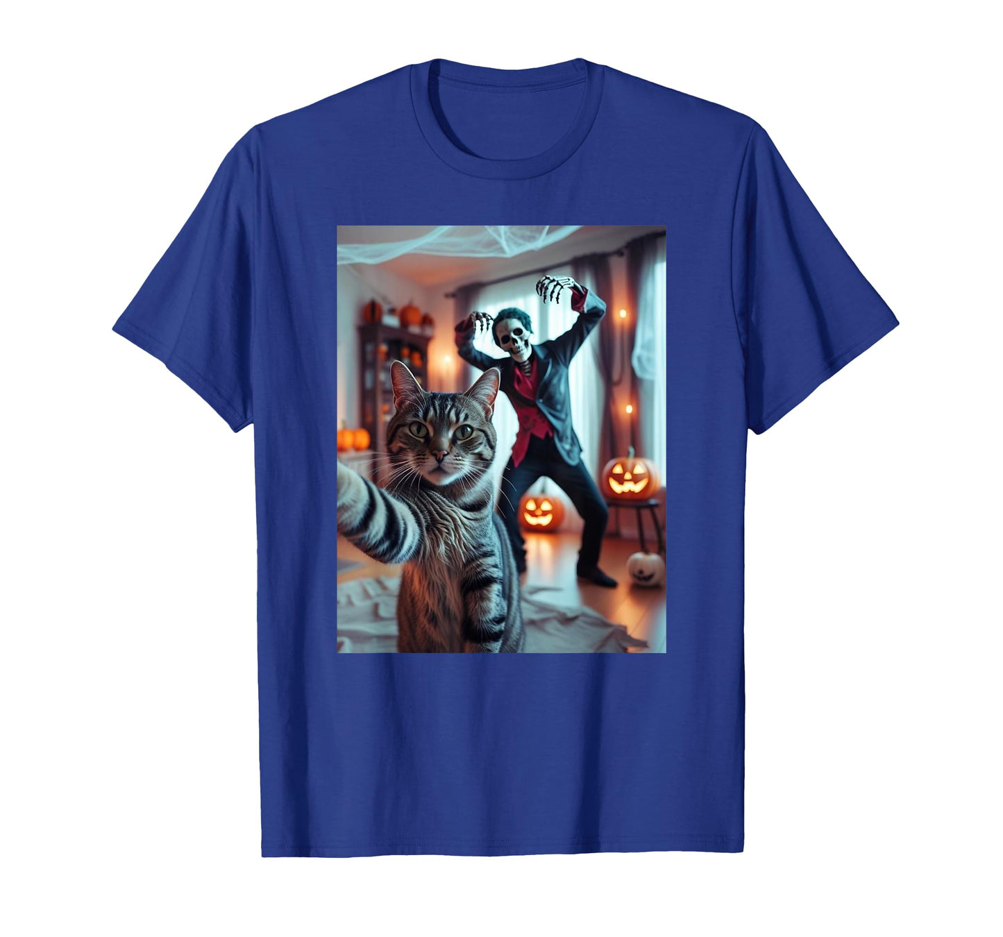 Funny Cat Selfie with Skeleton Scary Halloween Meme T-Shirt