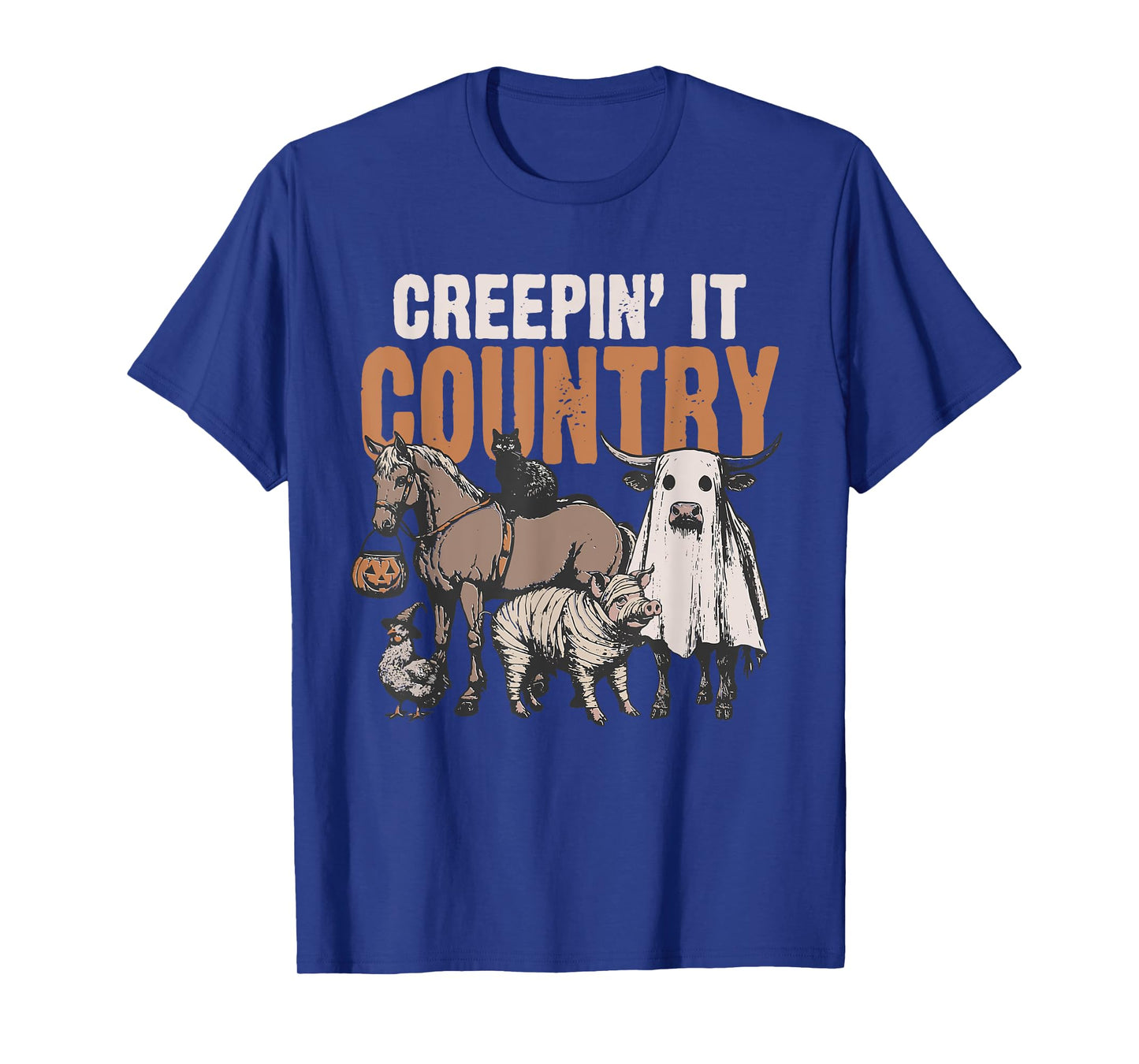 Creepin' It Country Halloween Farm Animal Cow Black Cat Pig T-Shirt