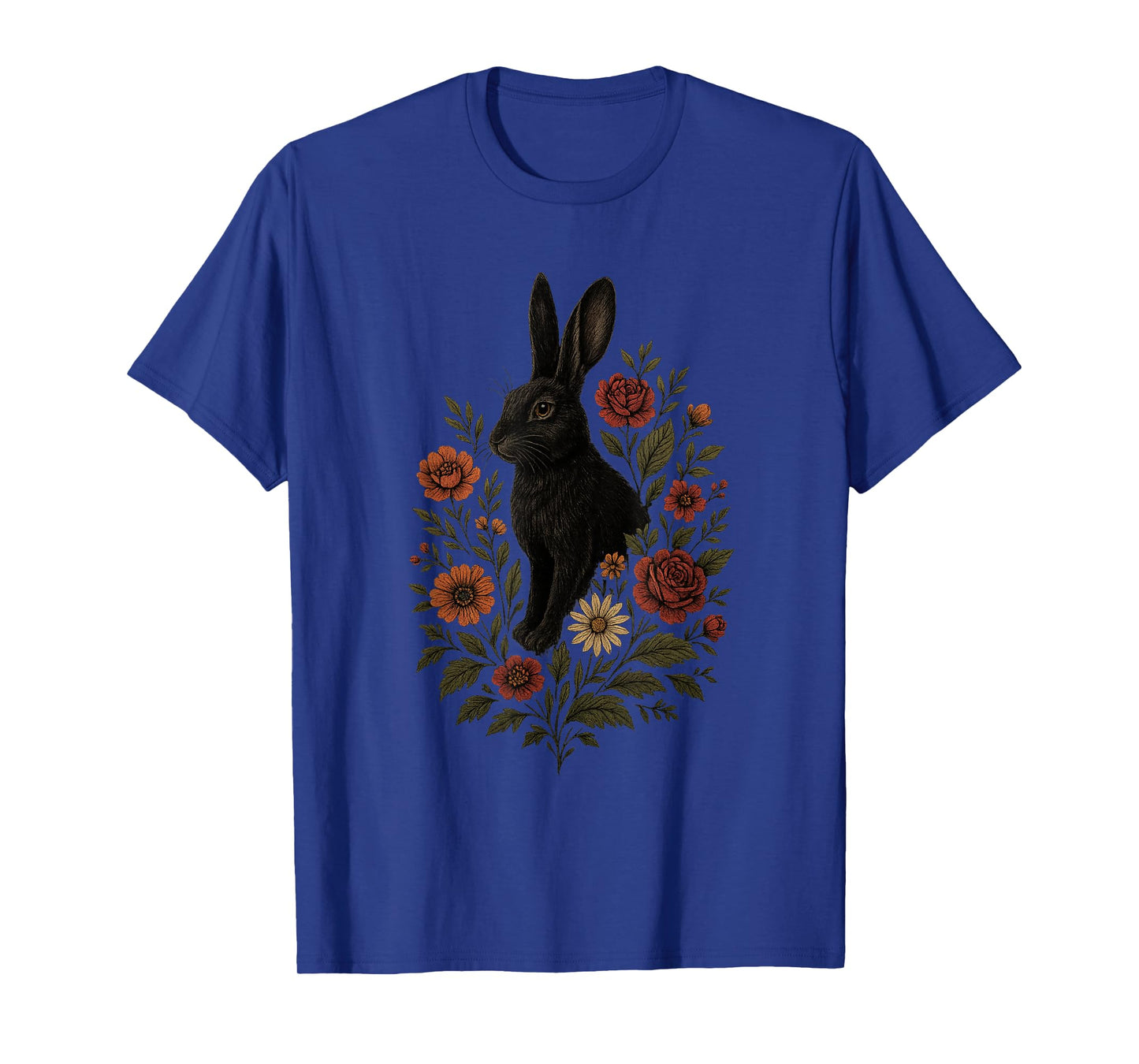 Black Bunny With Flowers Botanical Gothic Nature Art T-Shirt