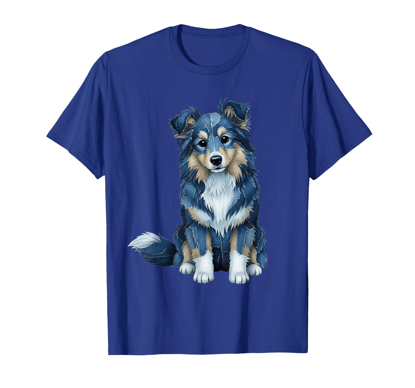 Funny Sheltie Dog Blue Denim Patchwork Pattern T-Shirt