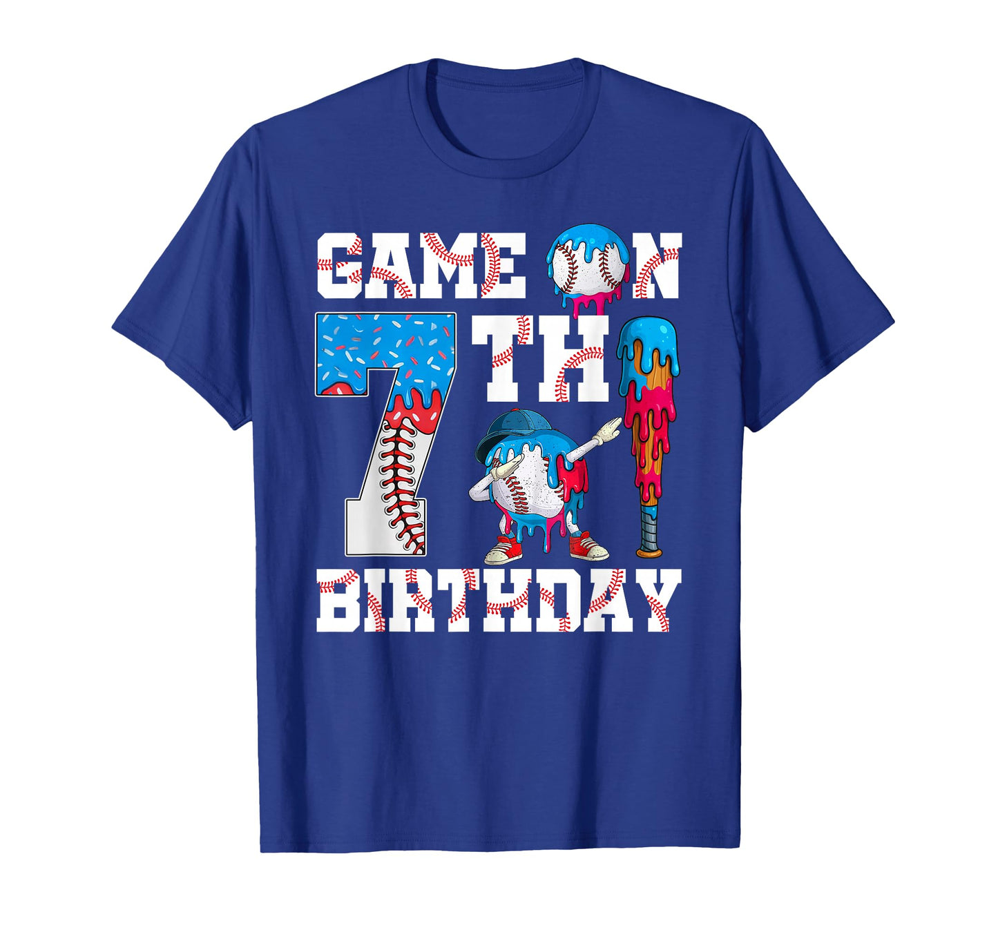 Game On I'm 7th Birthday Baseball Drip Ice Cream 7 Year Old T-Shirt