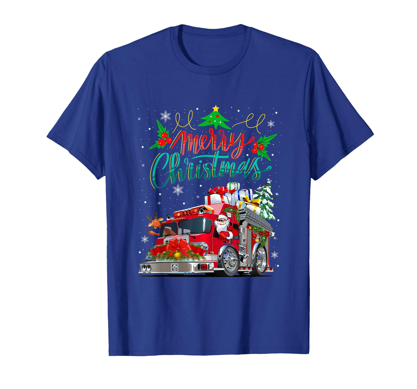 Firetruck Santa Sleigh Fireman Christmas Firefighter Xmas T-Shirt