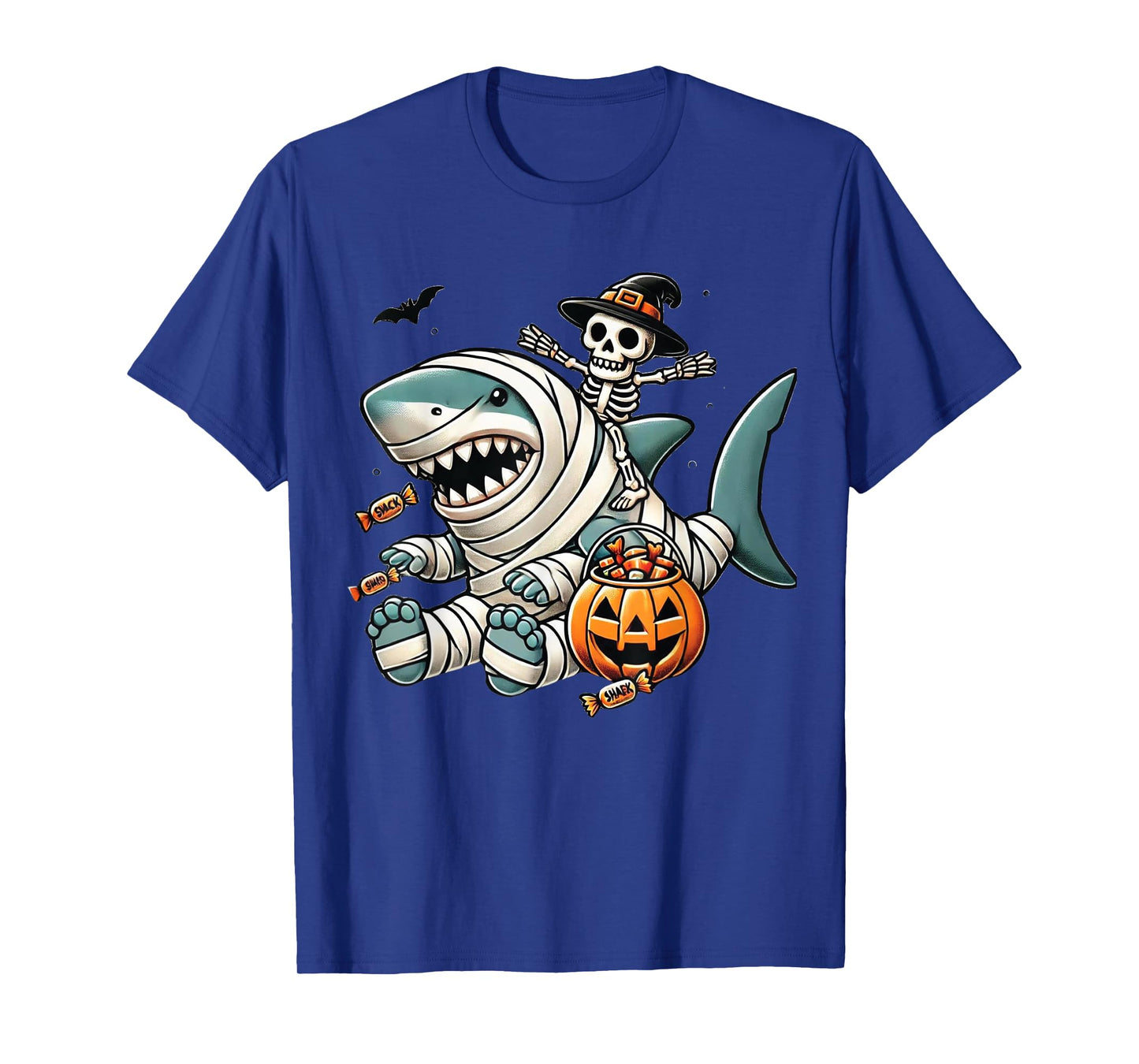 Skeleton Riding Shark Funny Halloween Pumpkin Boys Kids T-Shirt