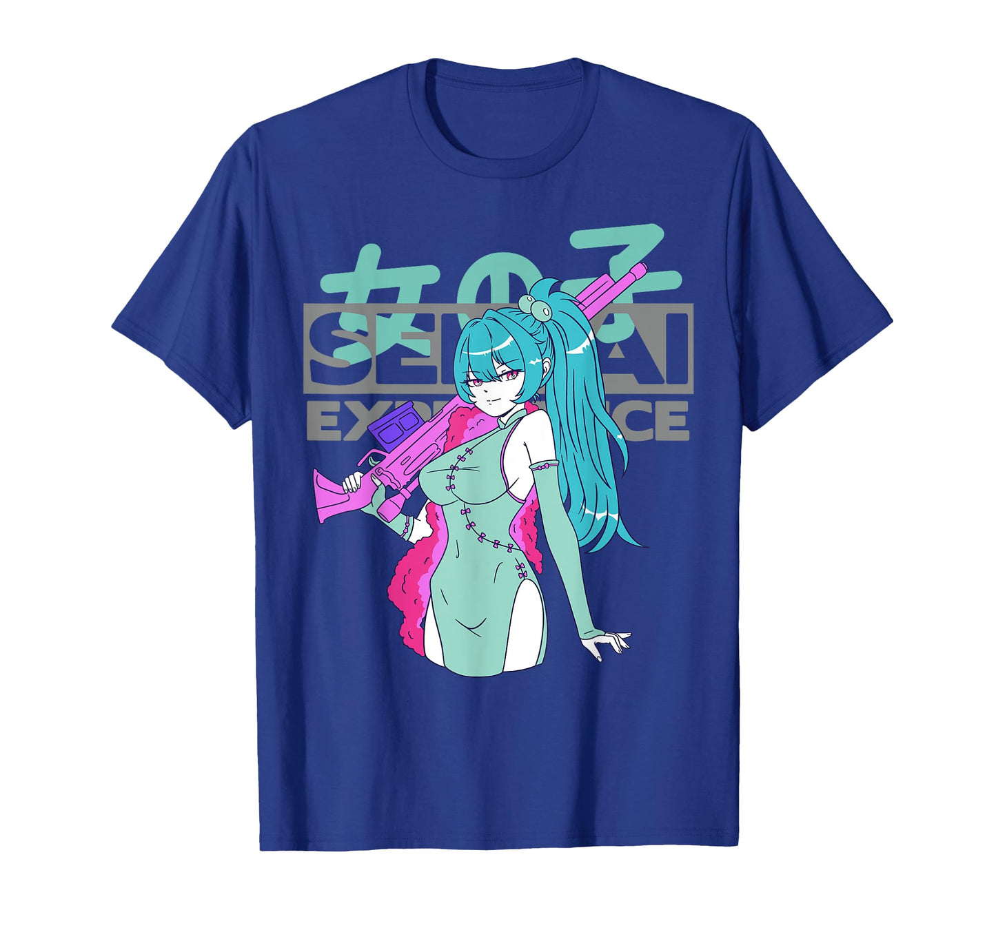 Sexy Waifu Anime Girl with Sniper Rifle and Blue Hair Senpai T-Shirt
