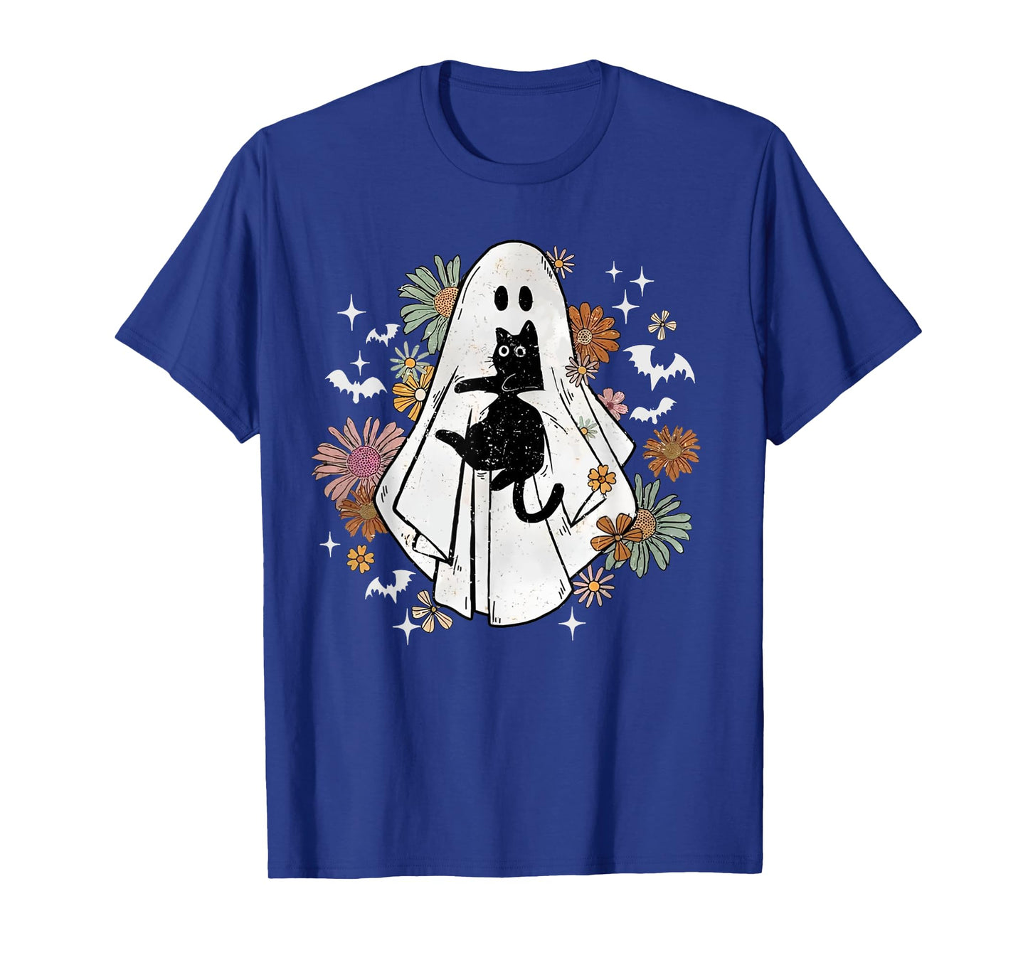 Spooky Ghost Holding Black Cat Groovy Floral Halloween Goth T-Shirt