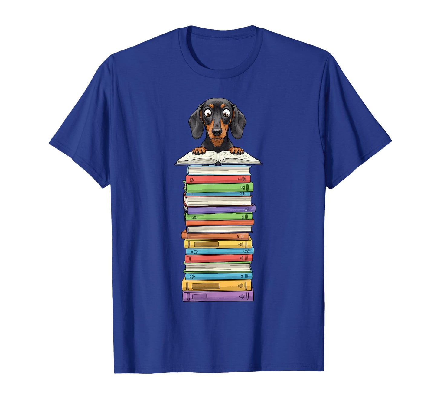 Cute Wiener Dog Dachshund Reading On Pile of Books Funny T-Shirt