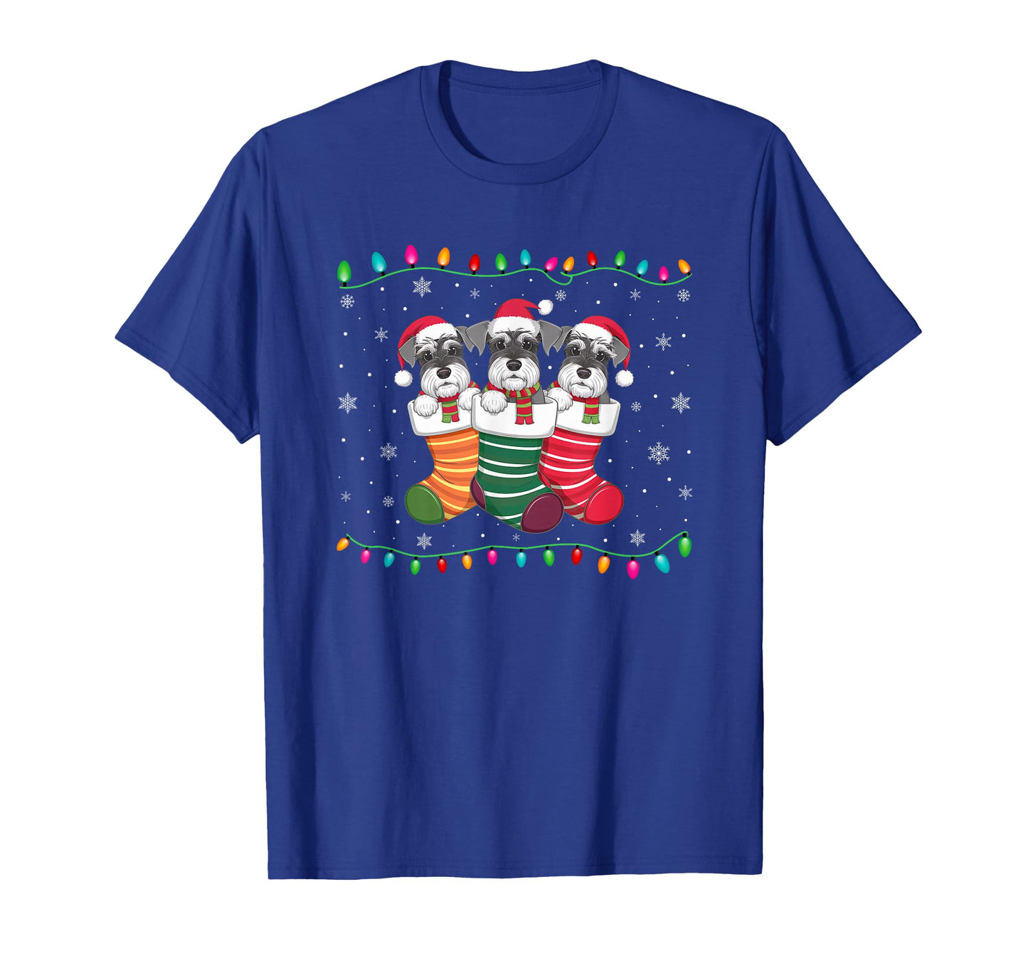 Xmas Tree Lights Funny Schnauzer Dog in Christmas Socks T-Shirt for Men Women Kids