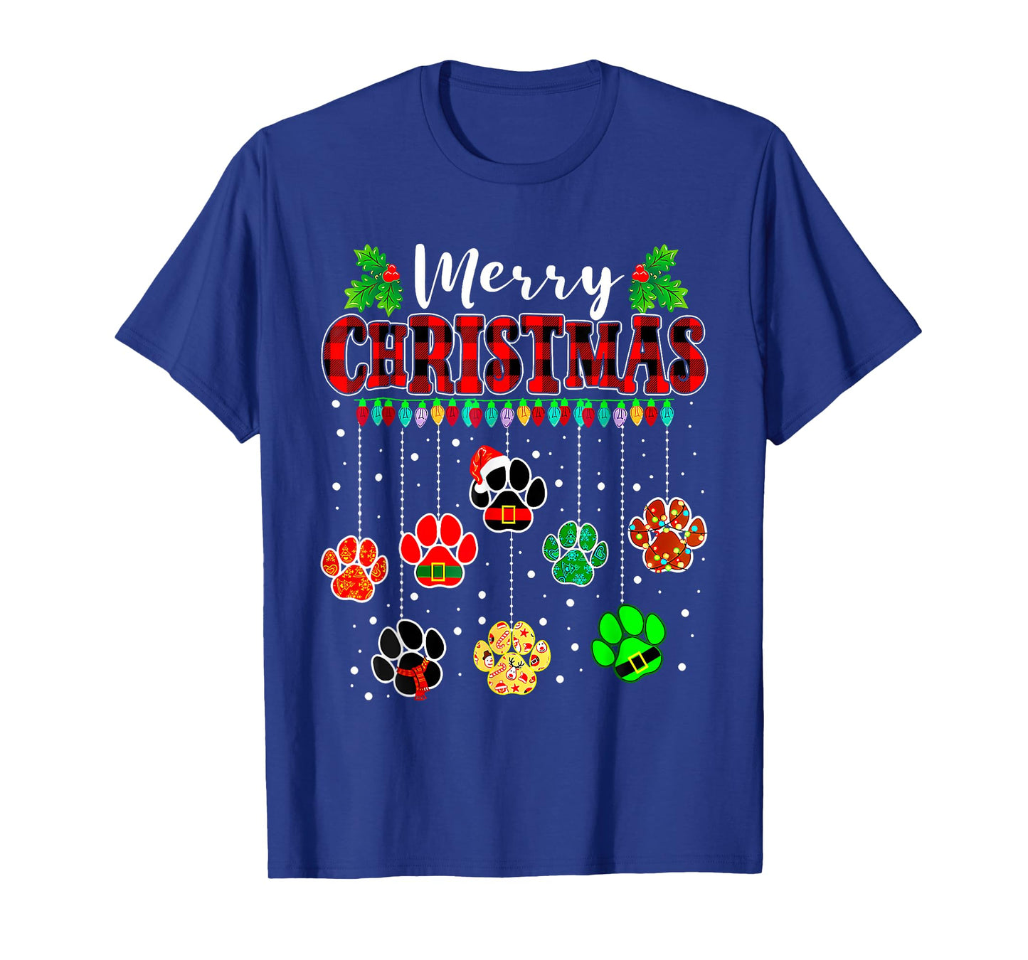 Merry Christmas Lights Dog Paw Red Plaid Funny Dog Love Xmas T-Shirt