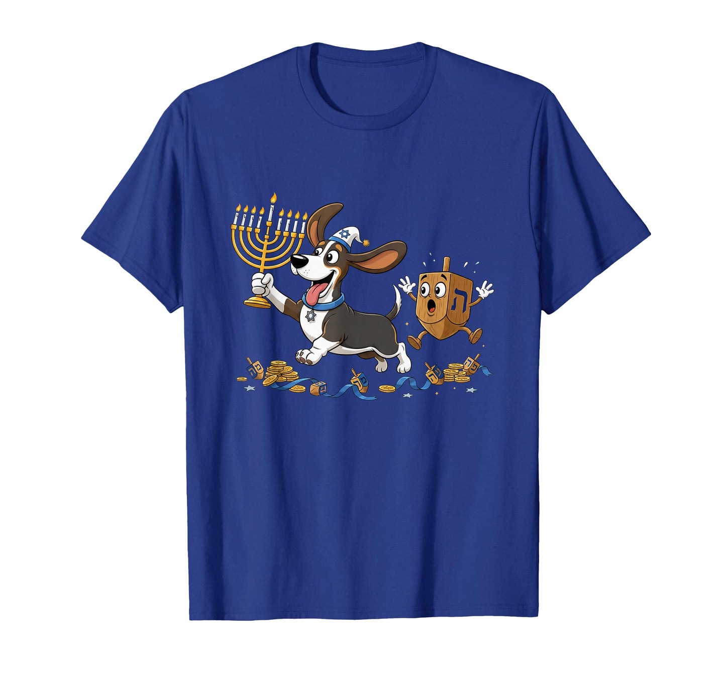 Funny Basset Hound Dreidel Menorah Hanukkah Kids Womens Mens T-Shirt