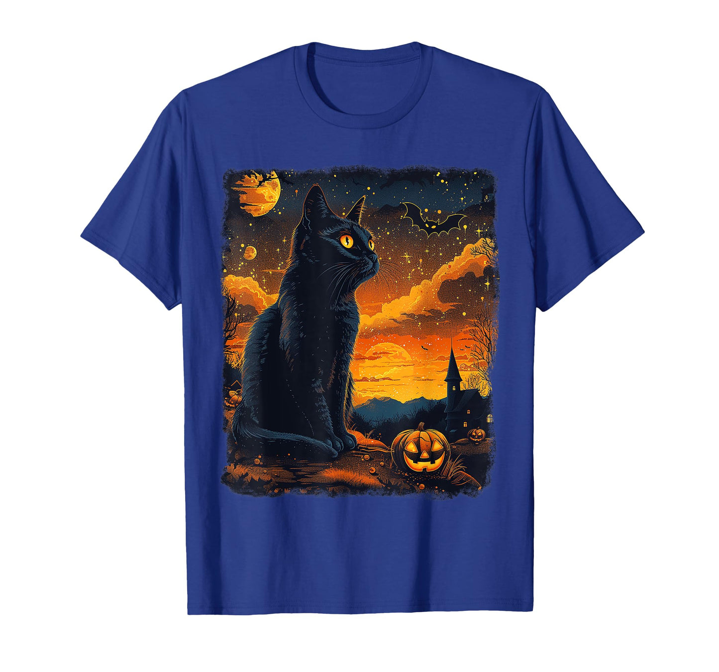 Black Cat Starry Night Van Gogh Pumpkins Bats Halloween Crew T-Shirt