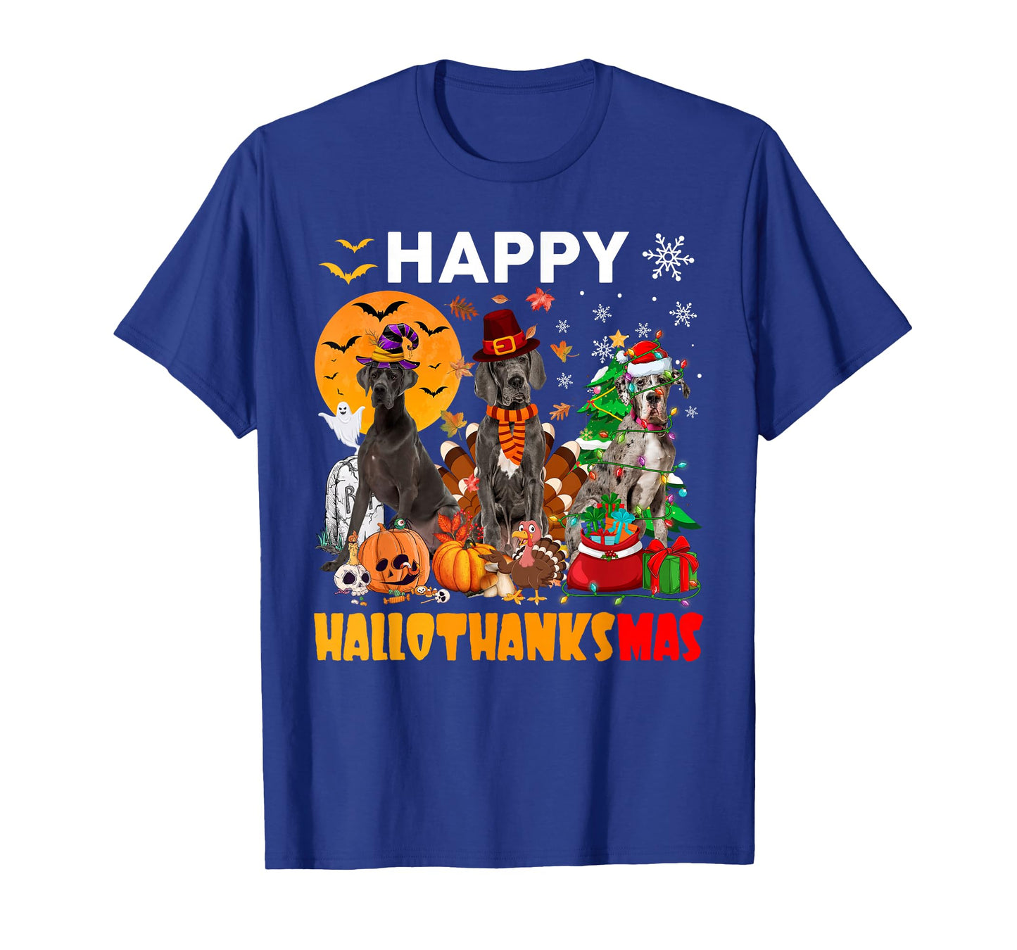 Funny Witch Turkey Santa Great Dane Dog Happy HalloThanksMas T-Shirt