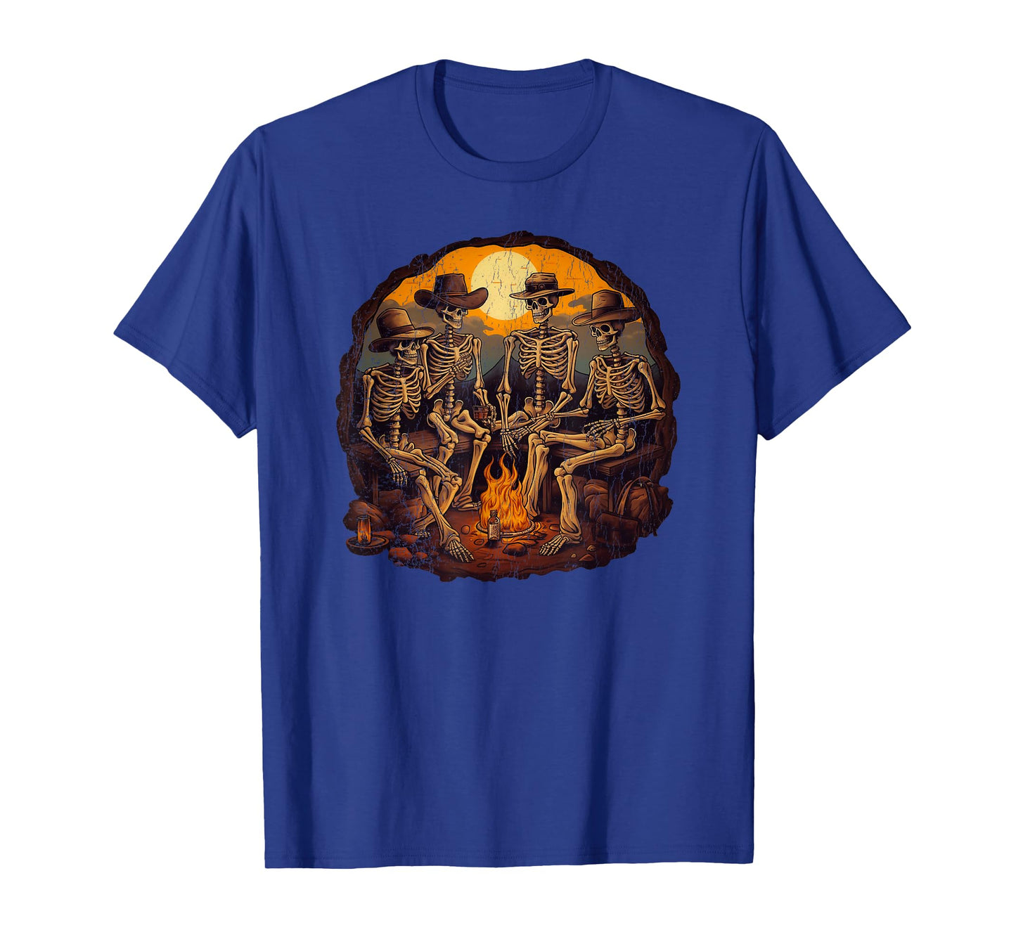 Cowboy skeletons sitting on the fire retro distress T-Shirt