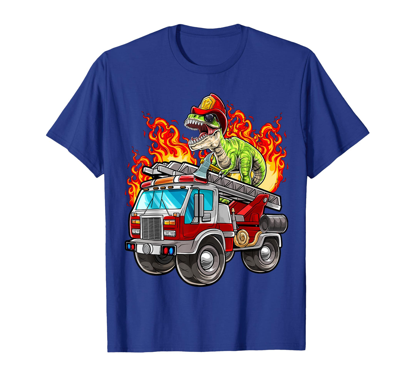 Fireman T Rex Dinosaur Firefighter Hat and Firetruck Boys T-Shirt