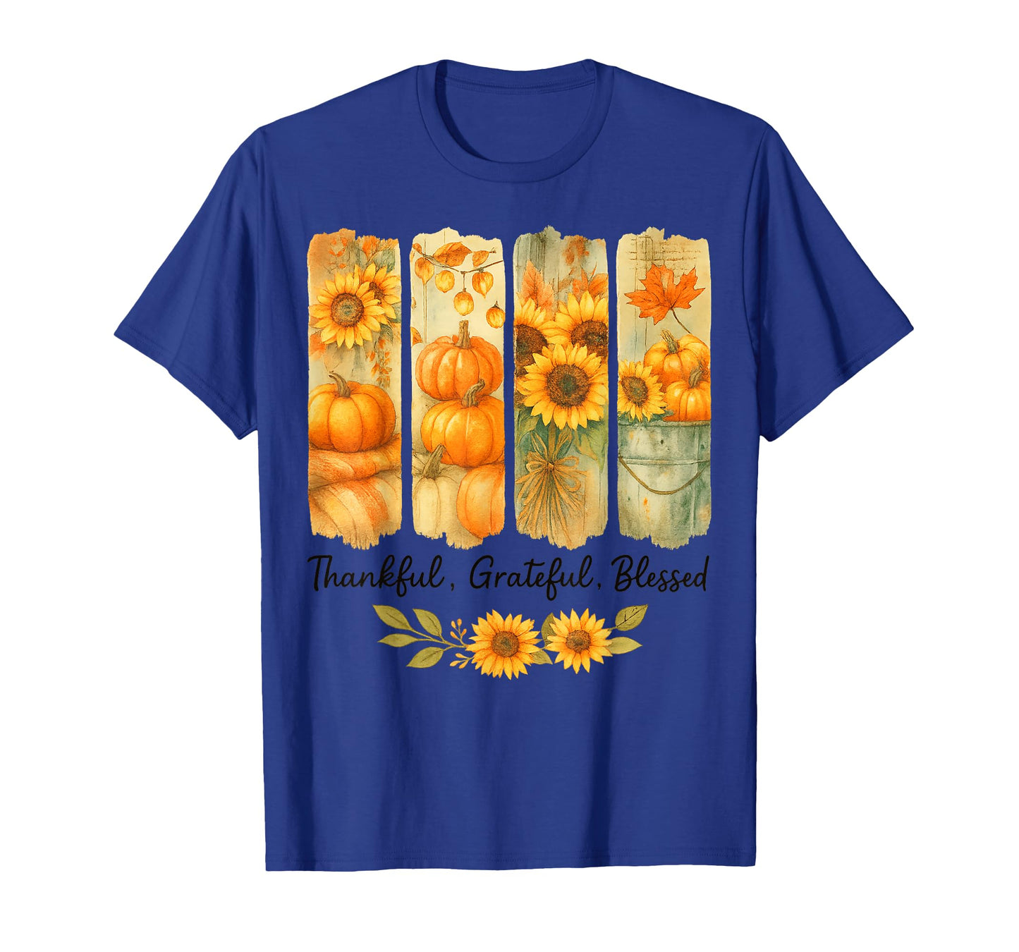Thankful Grateful Blessed Pumpkin Flowers Funny Thanksgiving T-Shirt
