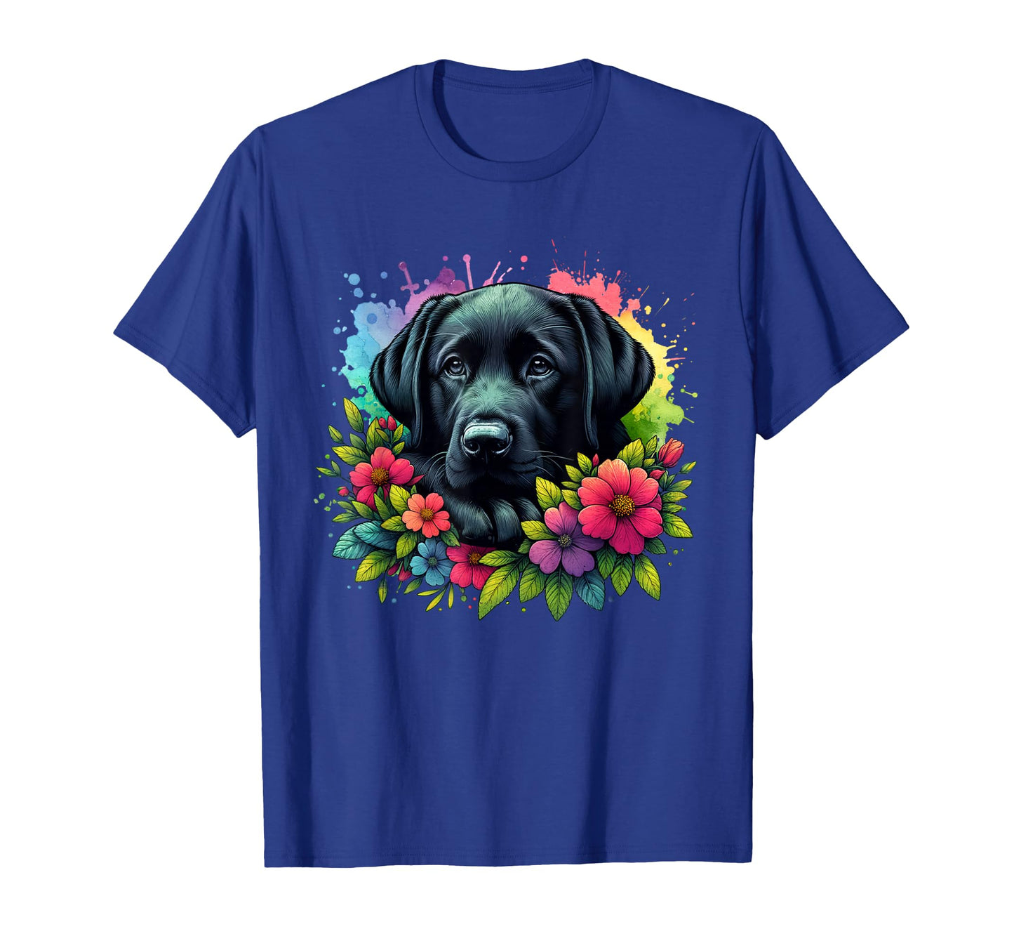 Cute Labrador Retriever Lover Black Lab in Colorful flowers T-Shirt