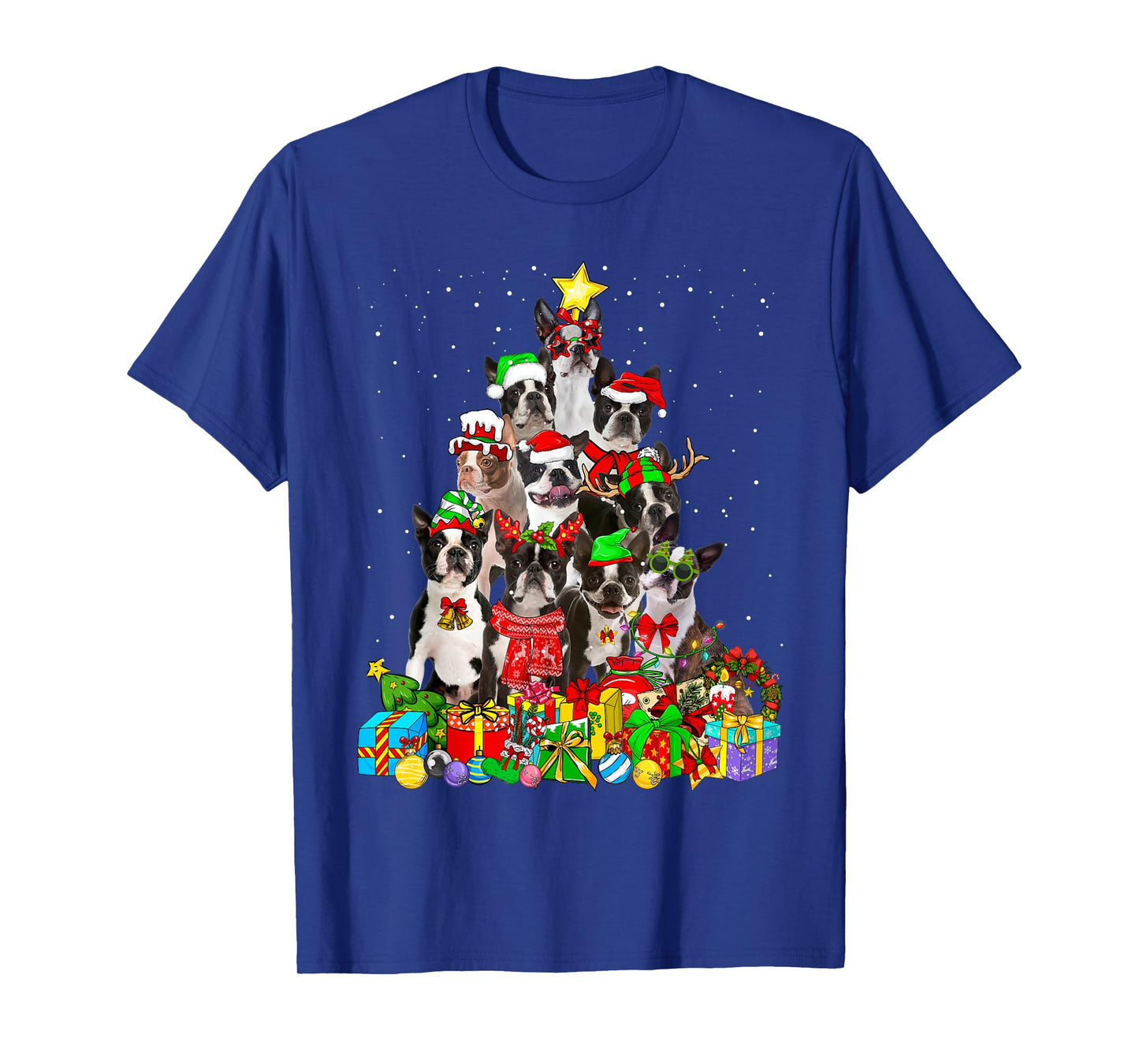 Funny Boston Terrier Dog Christmas Tree Lights Xmas Pajama T-Shirt for Men Women Kids