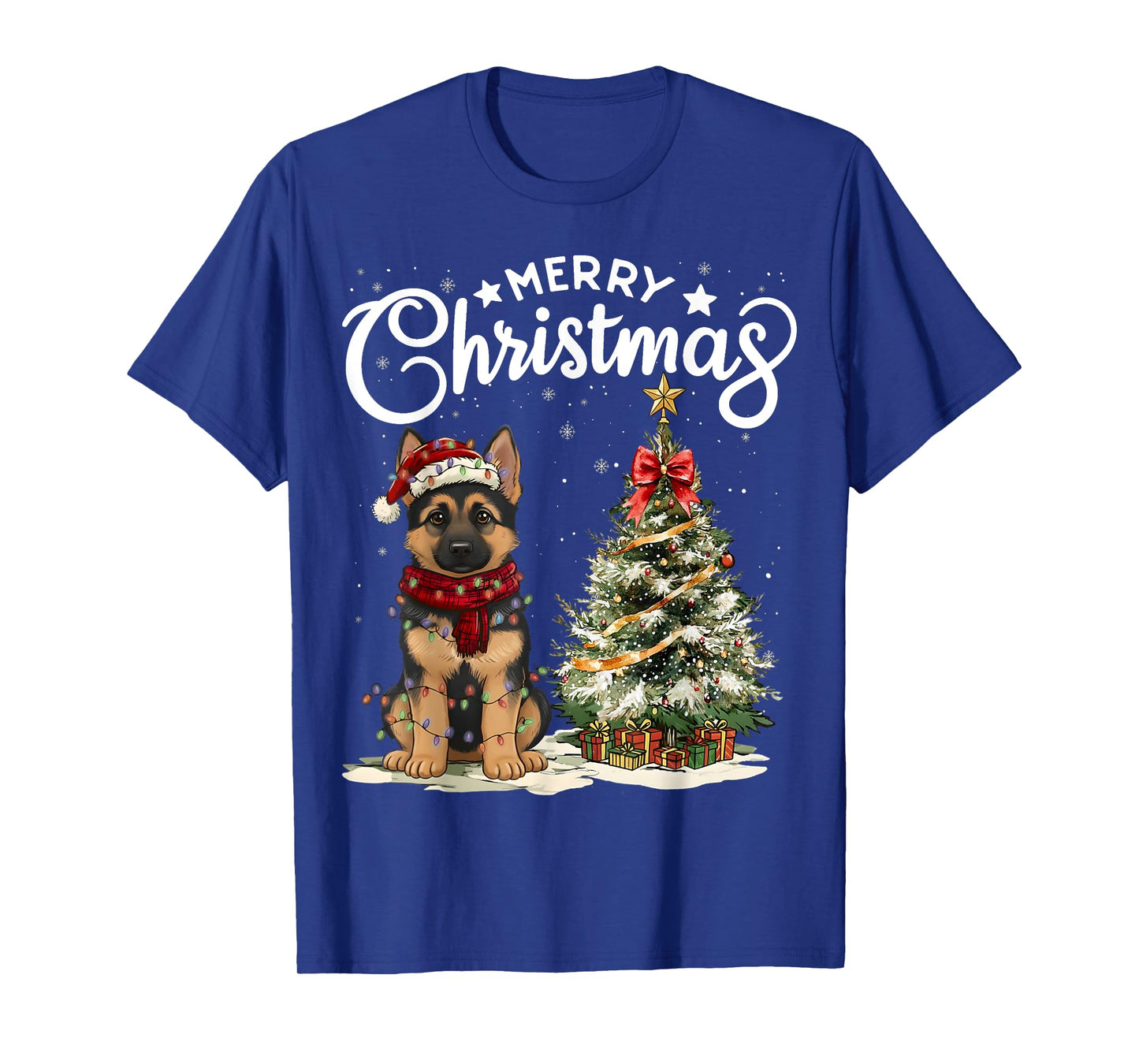 German Shepherd Merry Christmas Dog Santa Hat Tree Lights T-Shirt