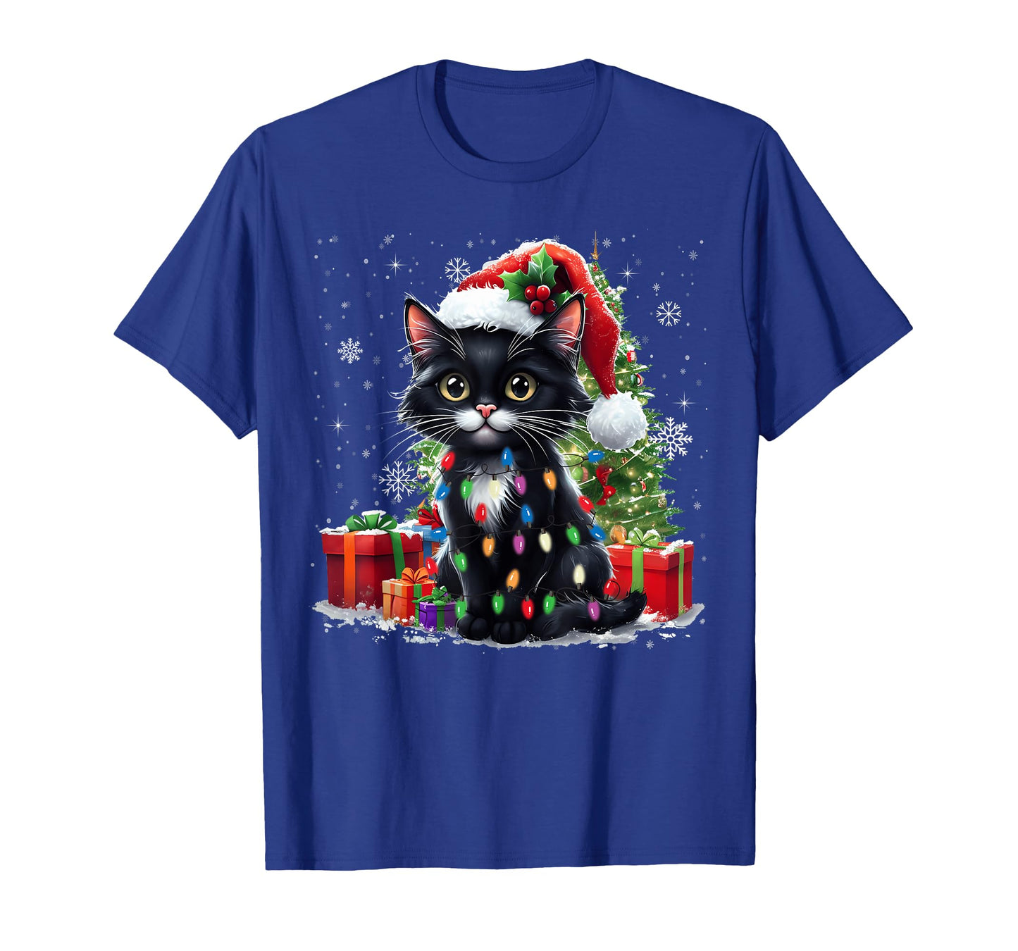 Black Cat Christmas Tree Light Cat Lover Xmas Men Women Kids T-Shirt
