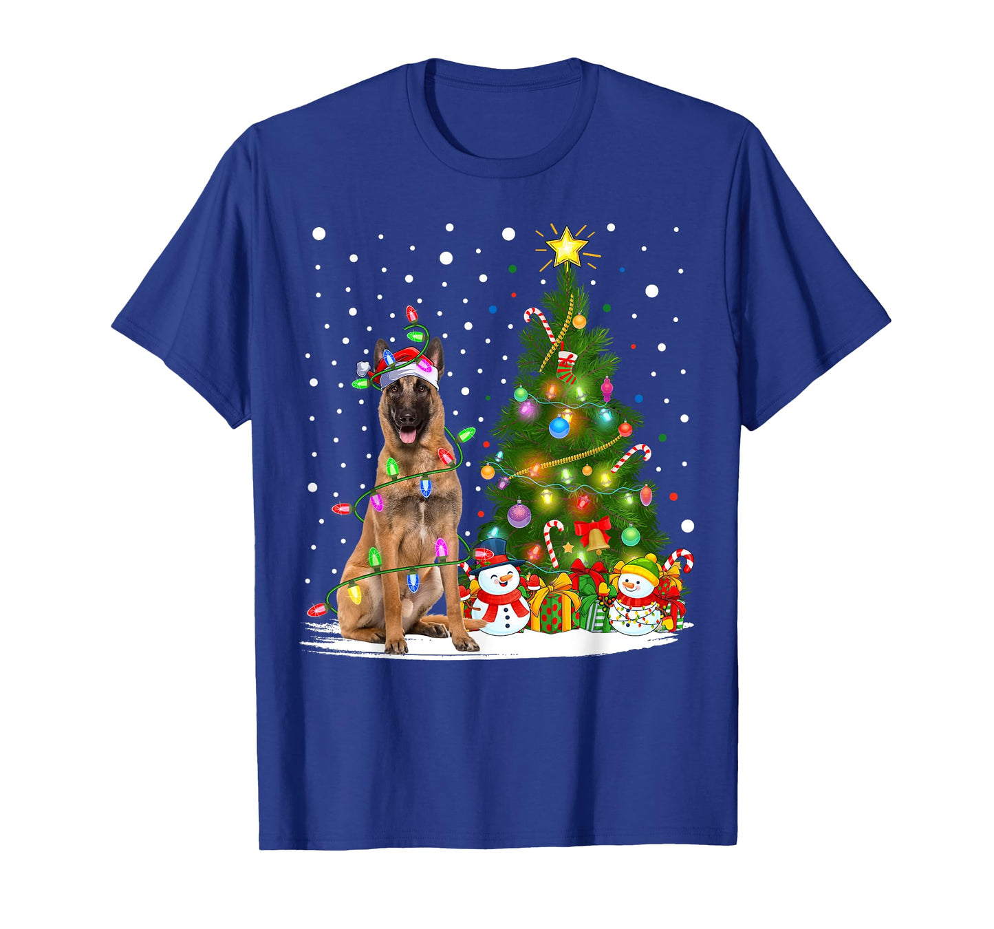 Lighting Xmas Tree Santa Belgian Malinois Dog Christmas Men Women Kids T-Shirt