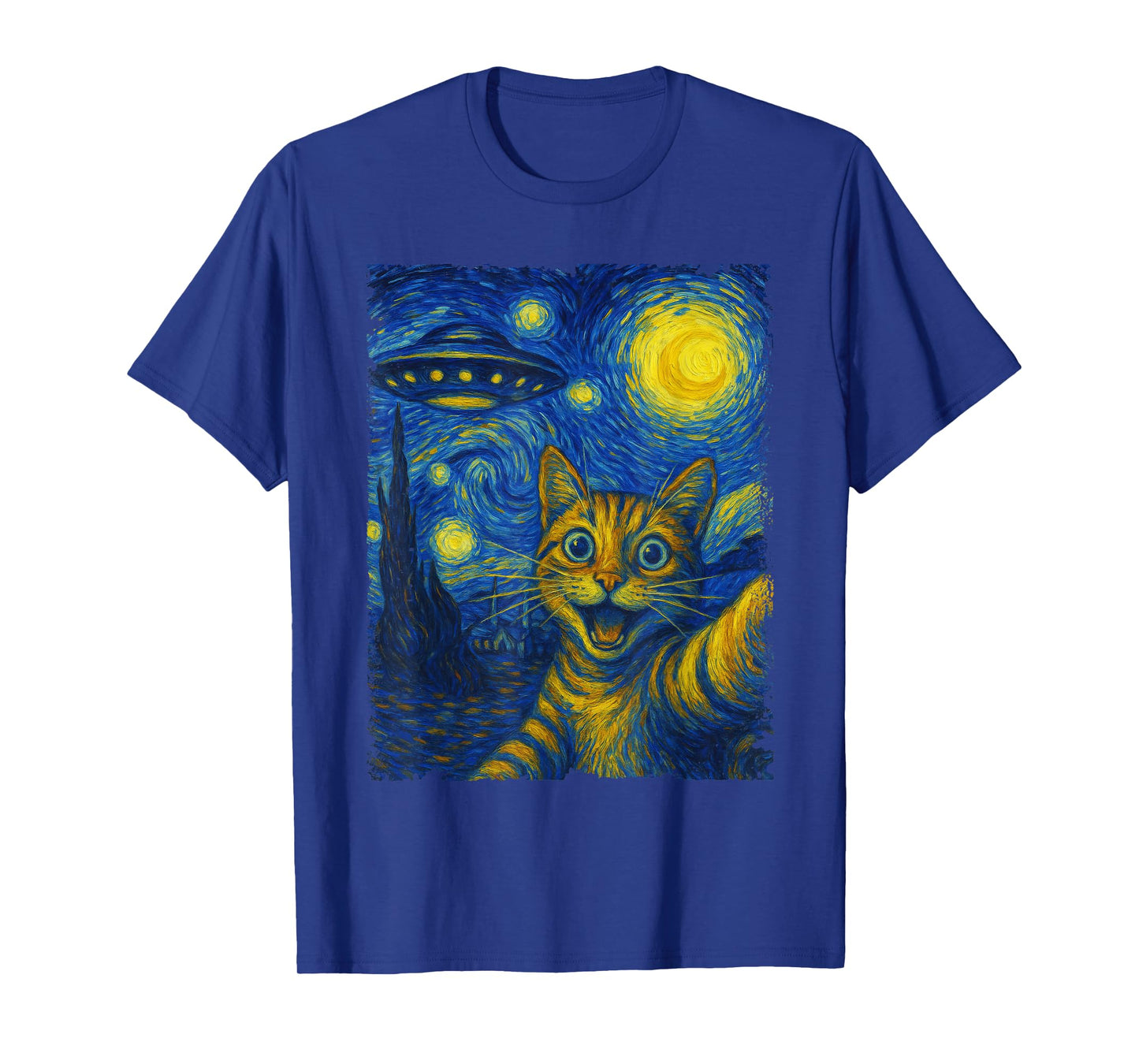 Cat Selfie With Alien UFO Funny Starry Night Van Gogh T-Shirt