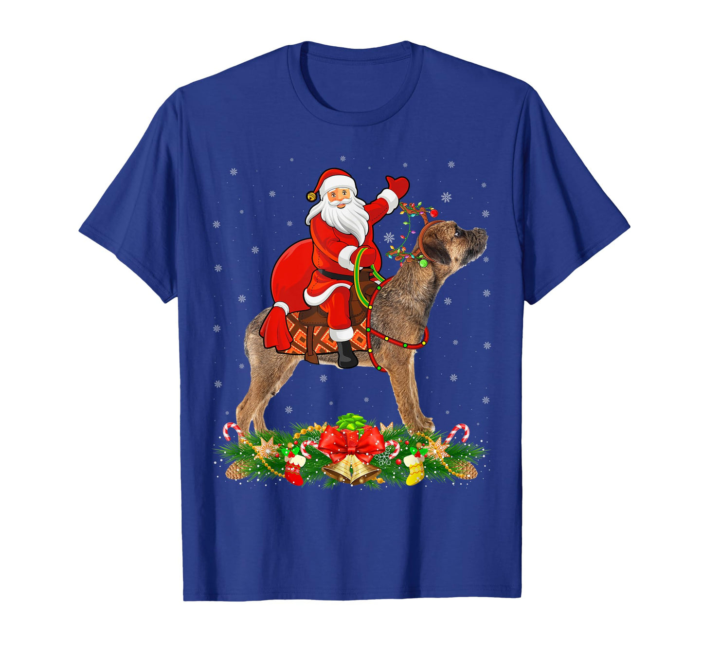 Xmas Matching Funny Santa Riding Border Terrier Christmas T-Shirt