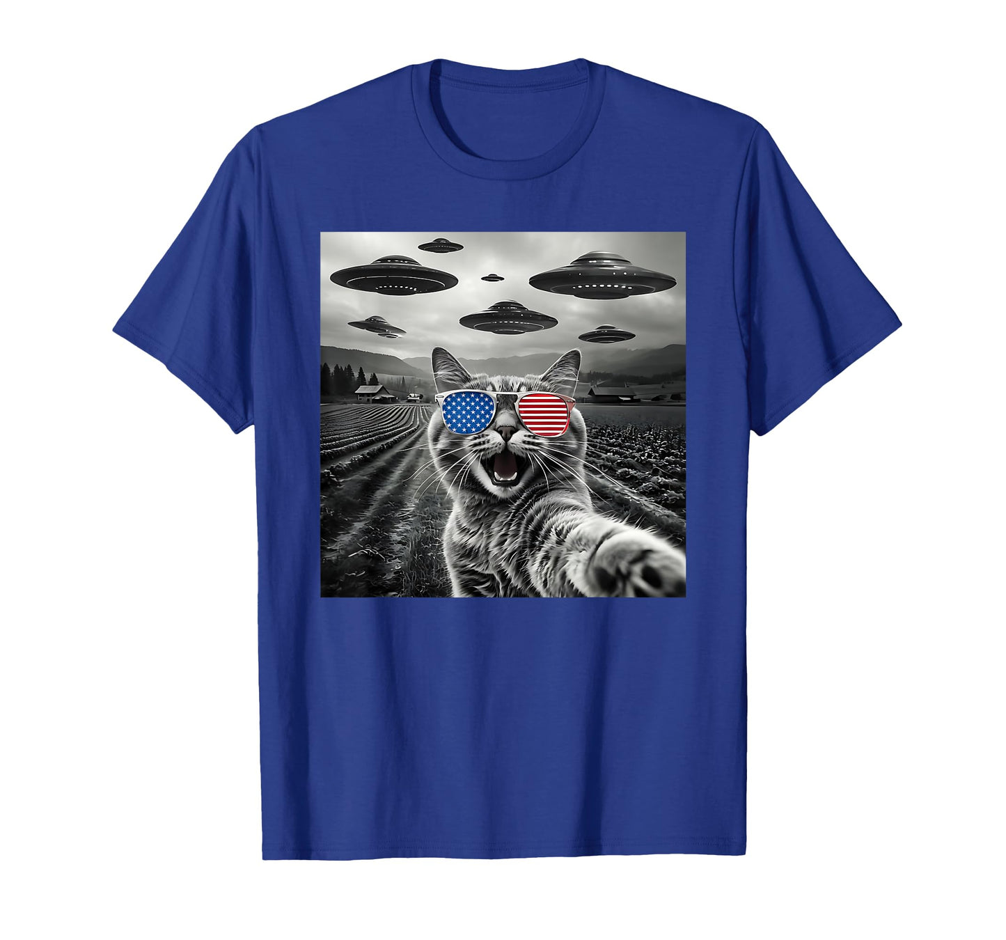 4th Of July Cat Selfie With Alien UFO USA Flag Sunglasses Men Women Kids T-Shirt